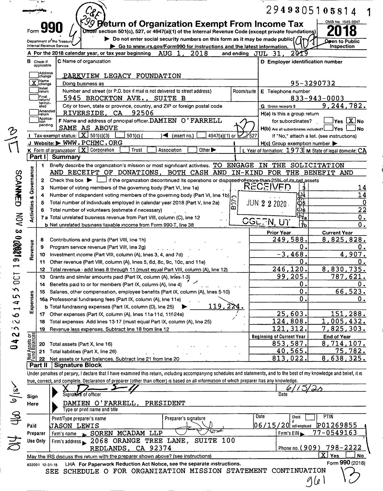 Image of first page of 2018 Form 990 for Parkview Legacy Foundation