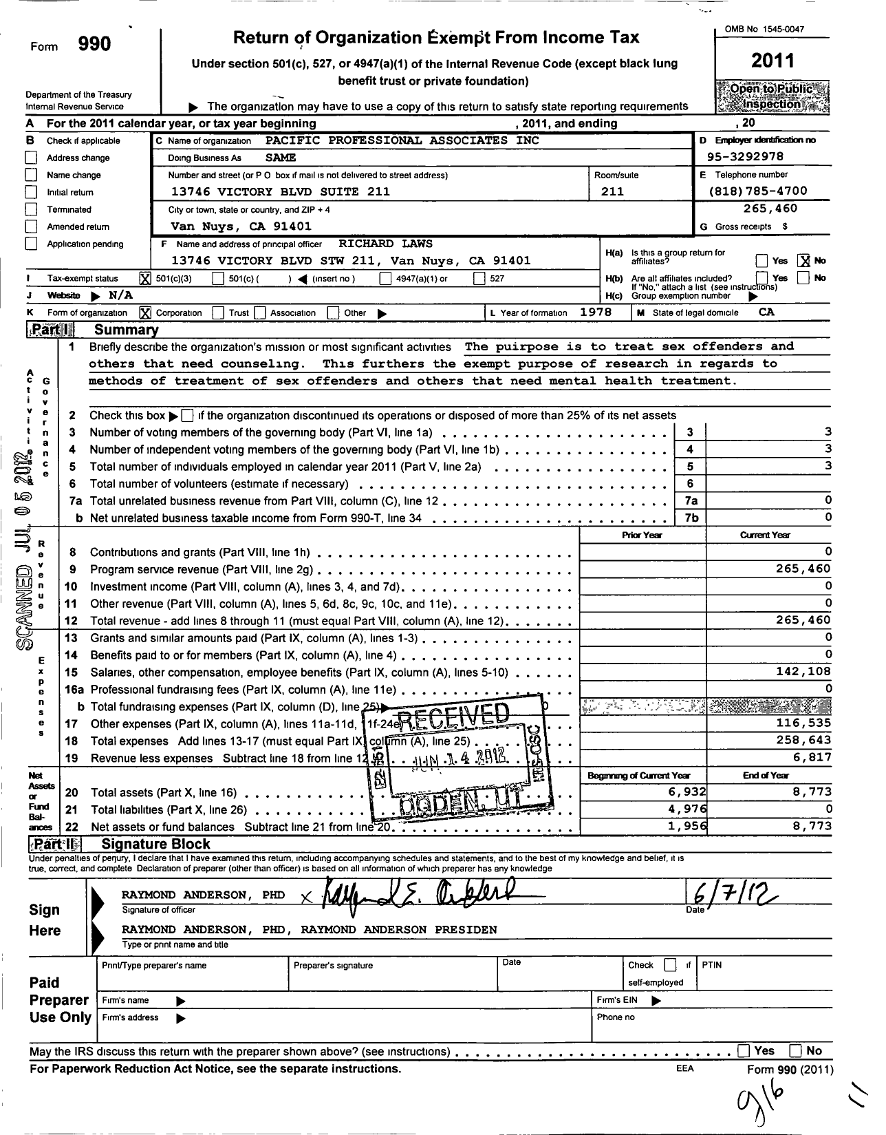 Image of first page of 2011 Form 990 for Pacific Professional Associates