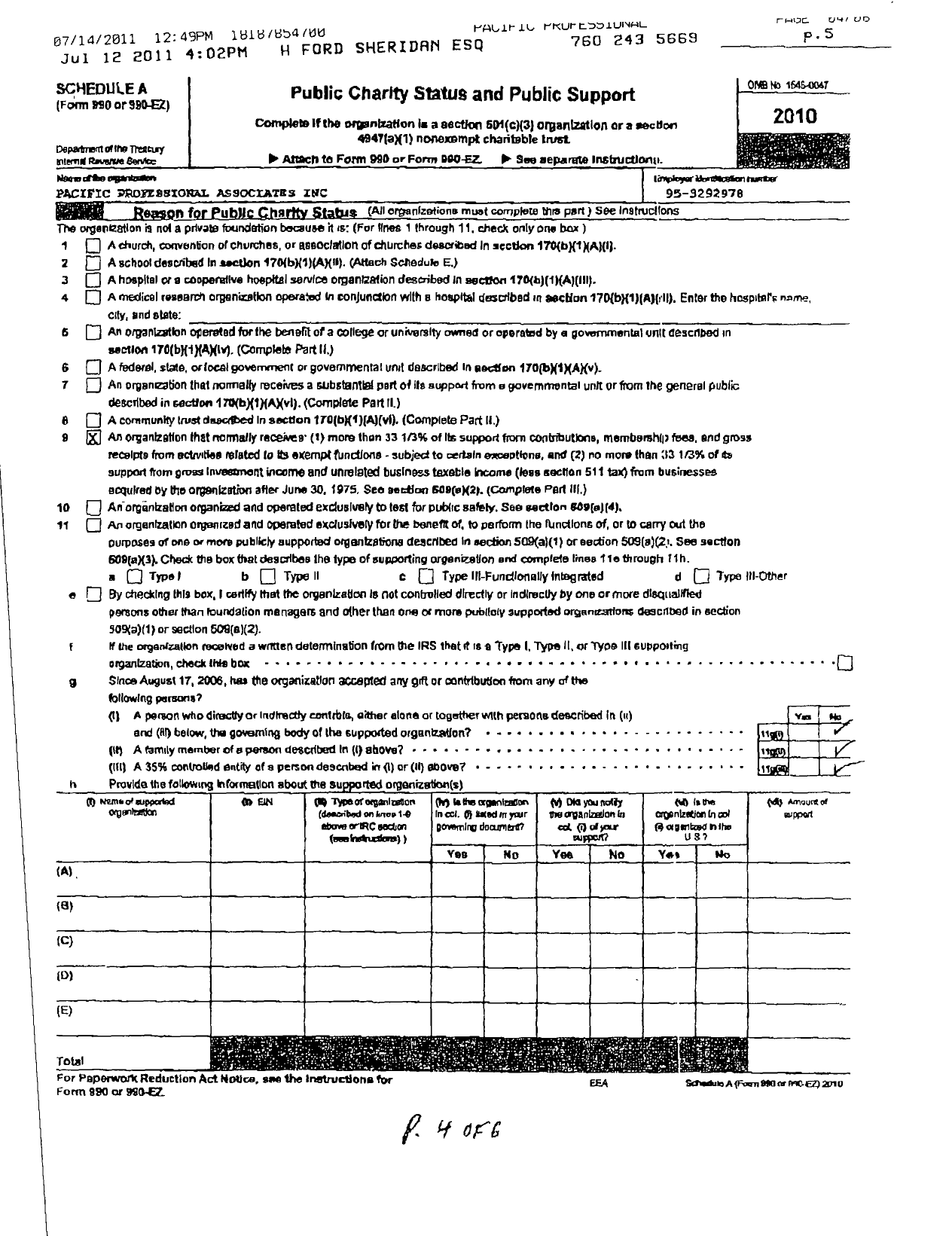 Image of first page of 2010 Form 990ER for Pacific Professional Associates