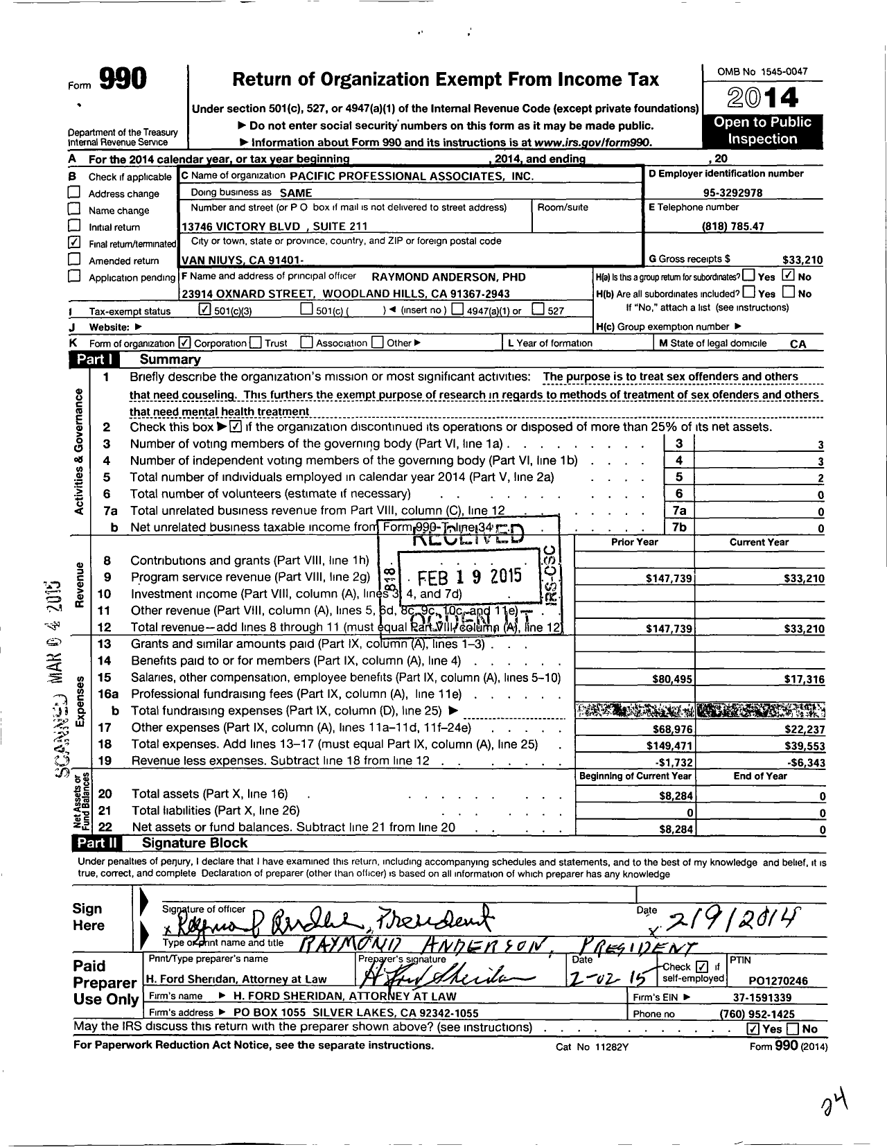 Image of first page of 2014 Form 990 for Pacific Professional Associates