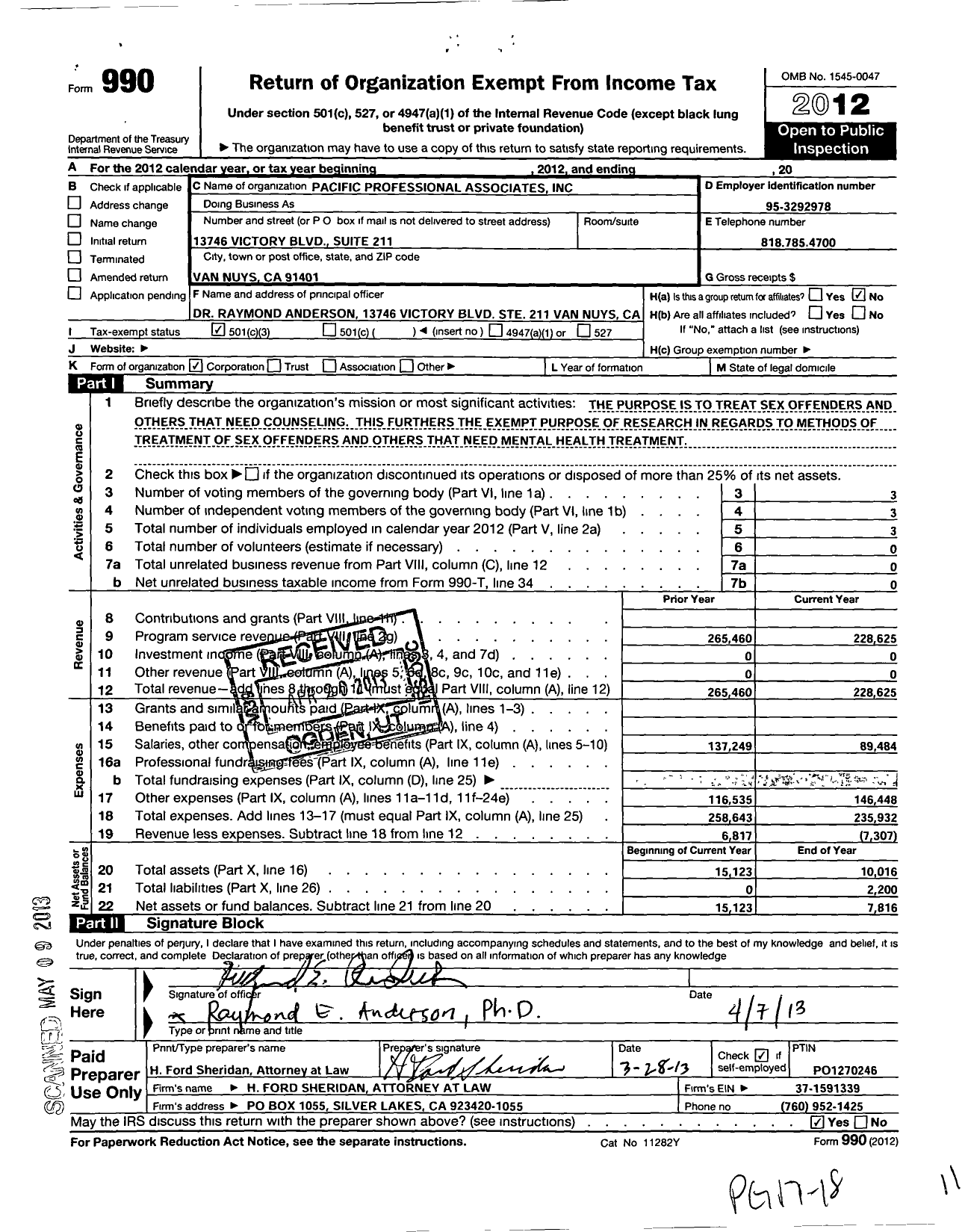 Image of first page of 2012 Form 990 for Pacific Professional Associates