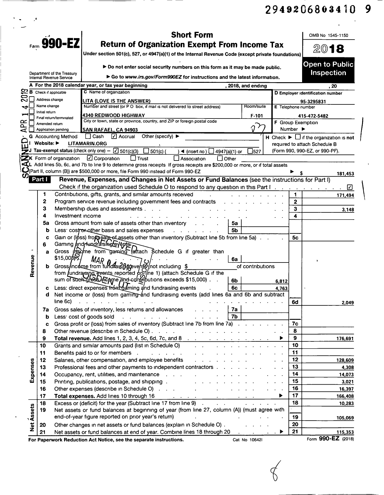 Image of first page of 2018 Form 990EZ for Lita Love Is the Answer