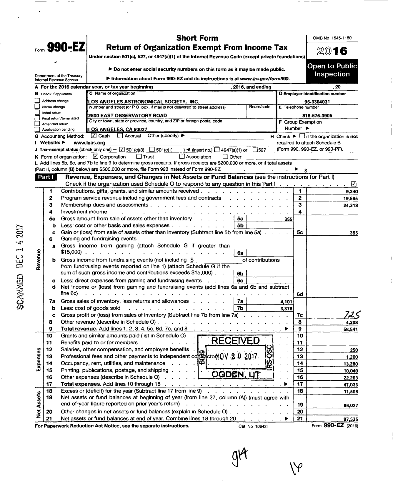 Image of first page of 2016 Form 990EZ for Los Angeles Astronomical Society