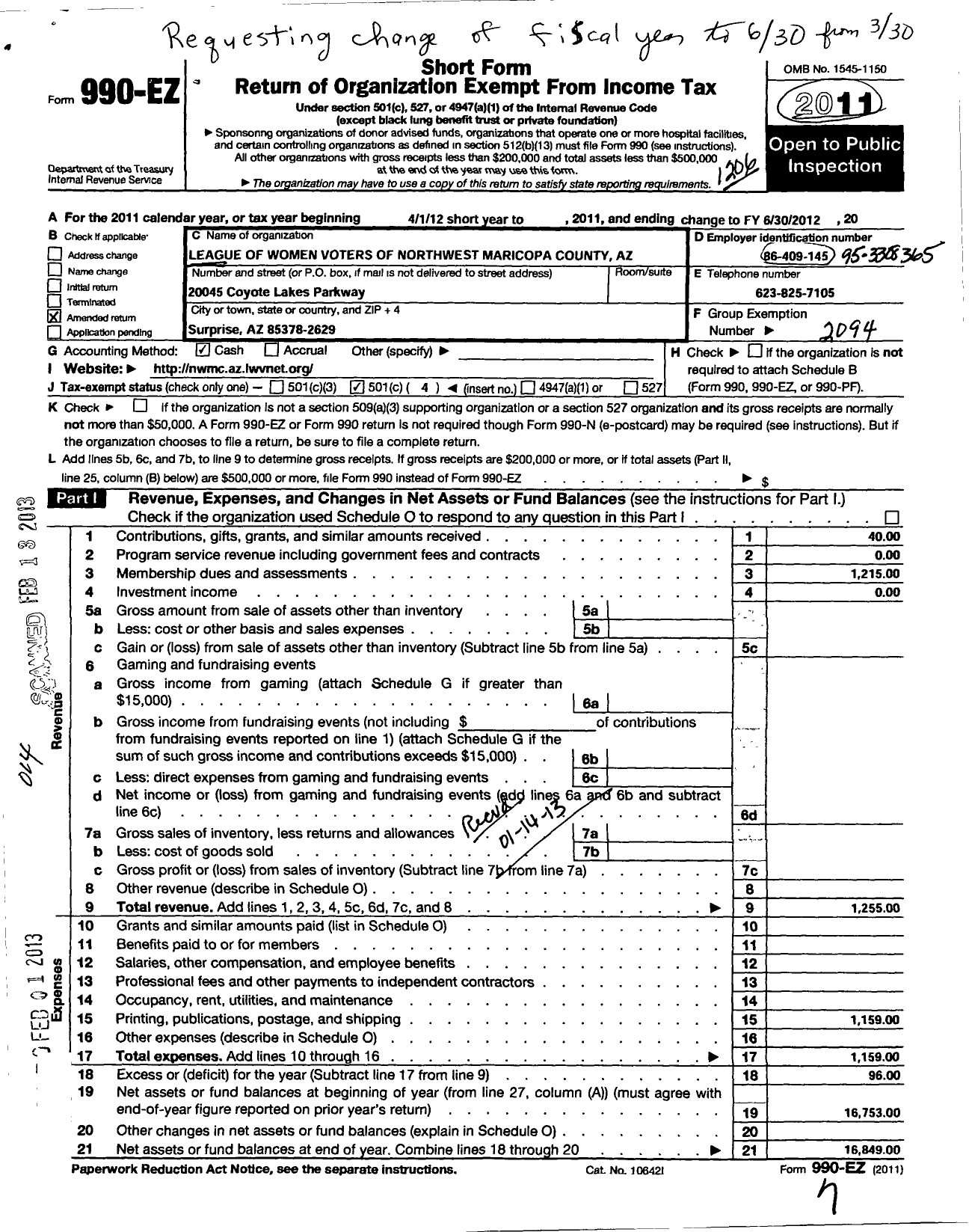Image of first page of 2011 Form 990EO for League of Women Voters of Arizona / Northwest Maricopa County