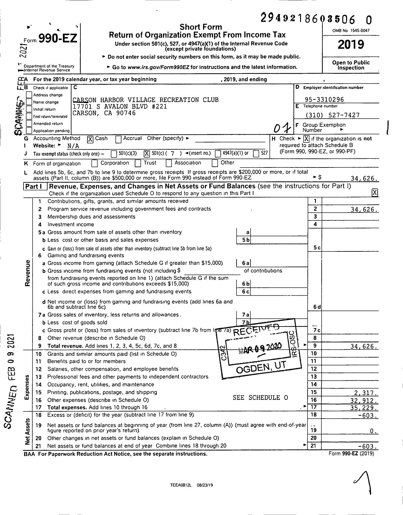 Image of first page of 2019 Form 990O for Carson-Harbor Village Recreation Club