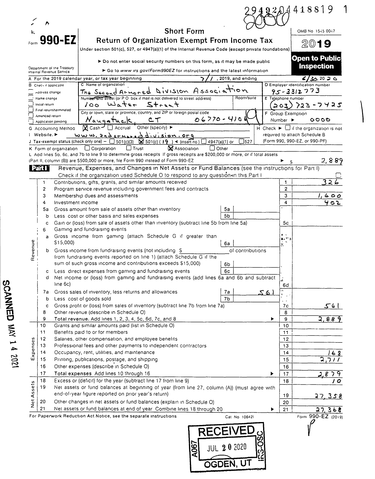 Image of first page of 2019 Form 990EO for Second Armored Division Association