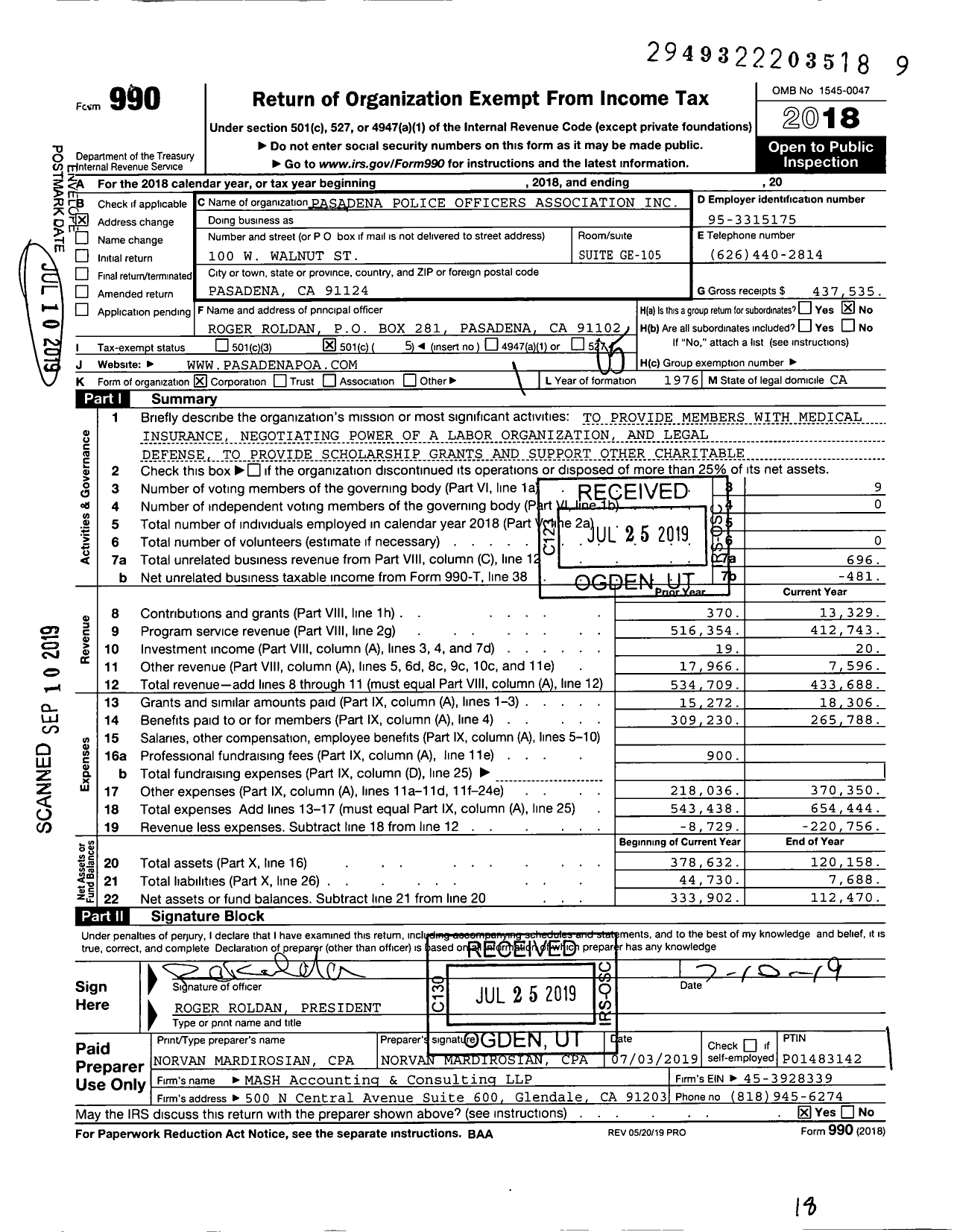 Image of first page of 2018 Form 990O for Pasadena Police Officers Association