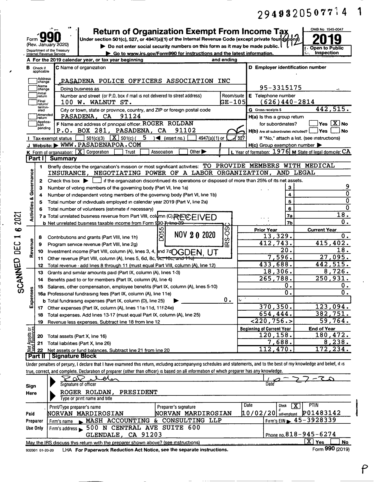 Image of first page of 2019 Form 990O for Pasadena Police Officers Association