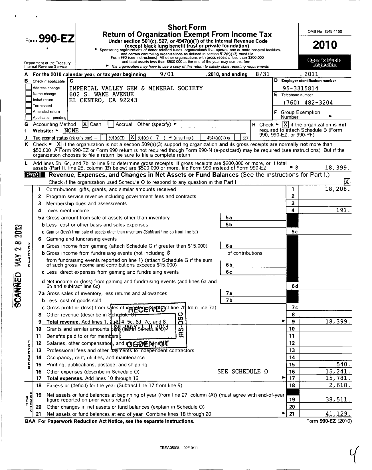 Image of first page of 2010 Form 990EO for Imperial Valley Gem and Mineral Society