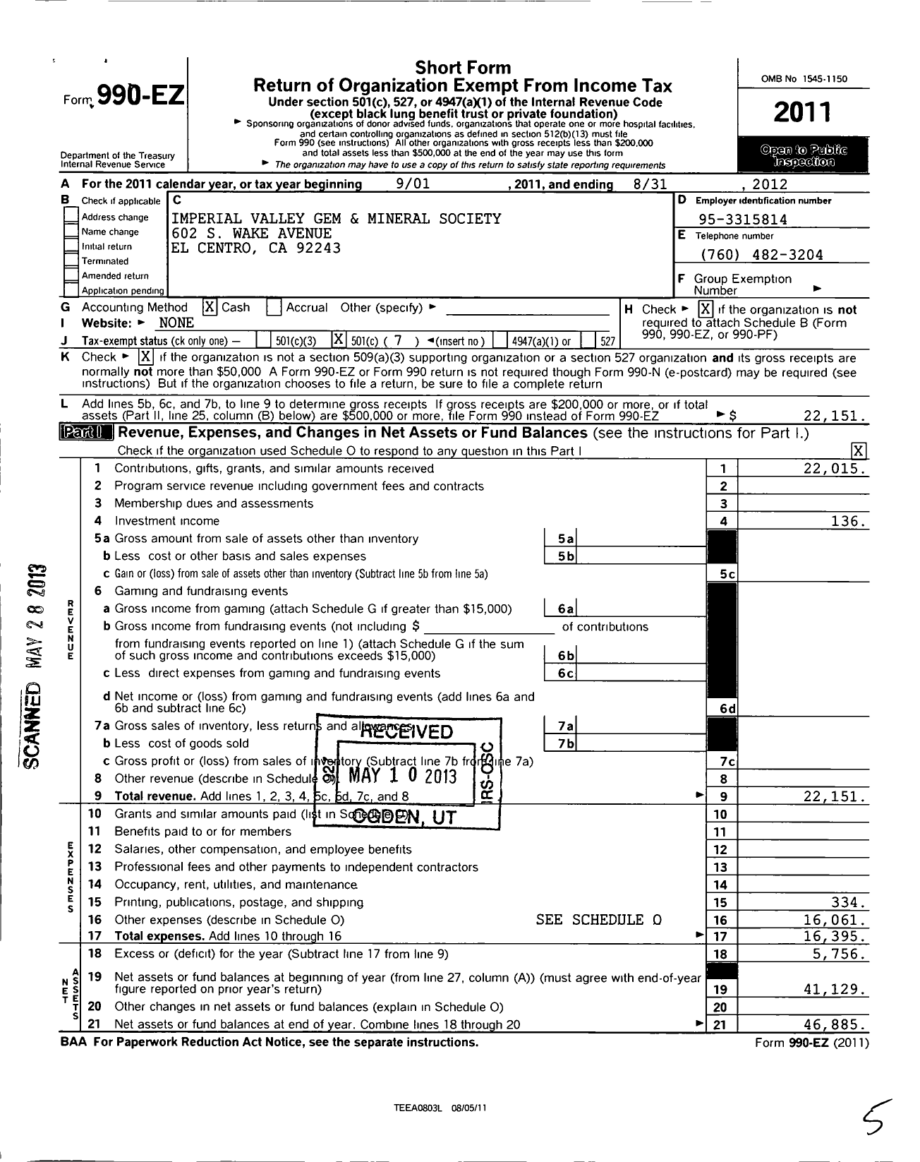 Image of first page of 2011 Form 990EO for Imperial Valley Gem and Mineral Society