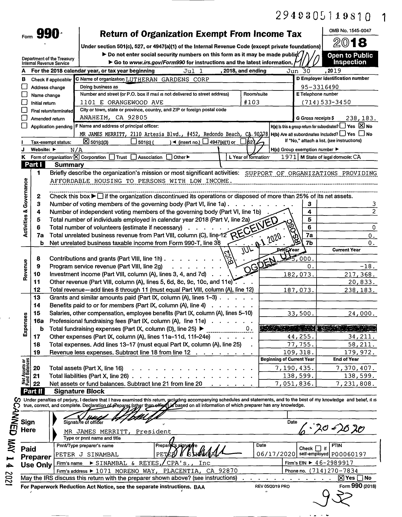 Image of first page of 2018 Form 990 for Lutheran Gardens Corporation
