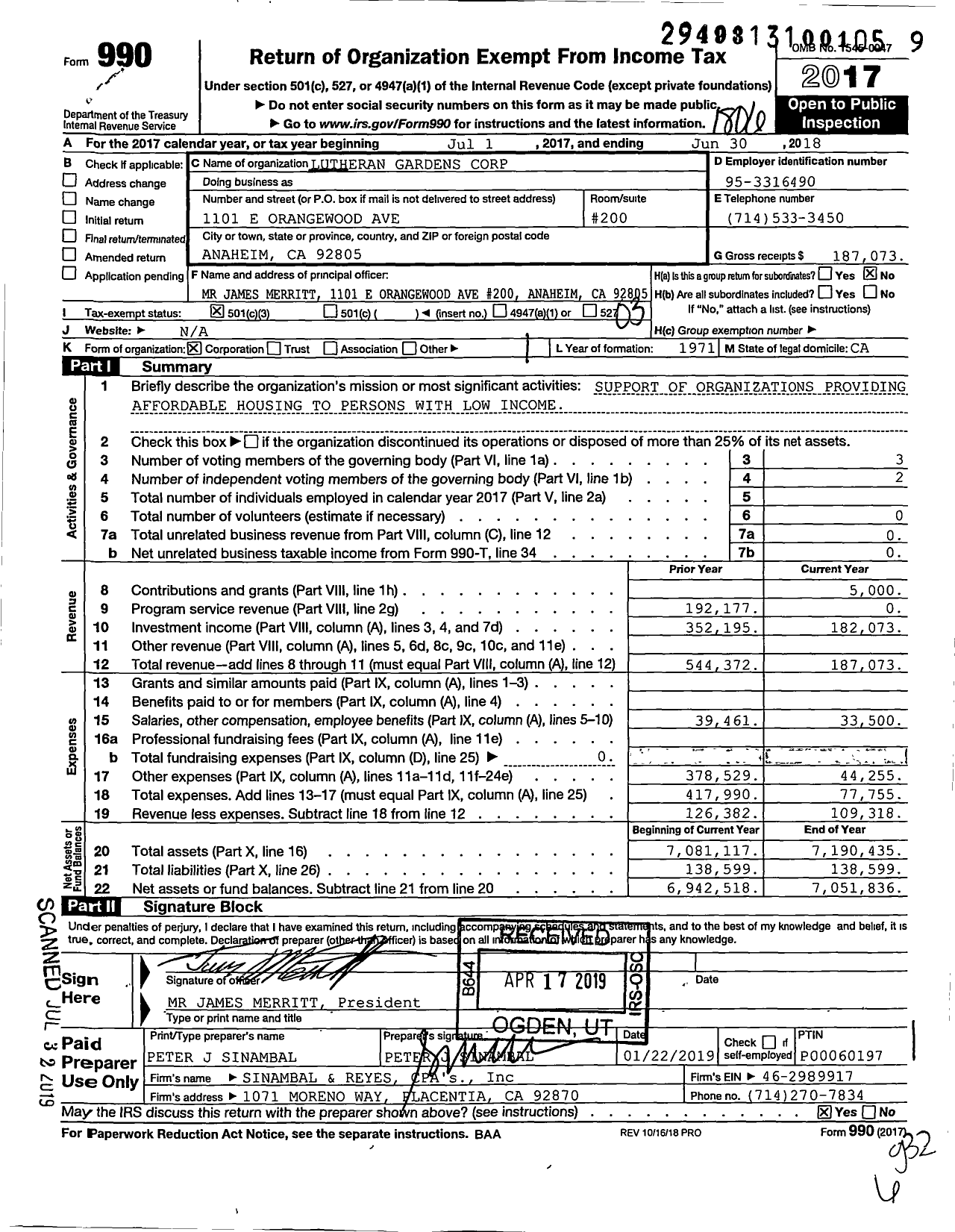 Image of first page of 2017 Form 990 for Lutheran Gardens Corporation