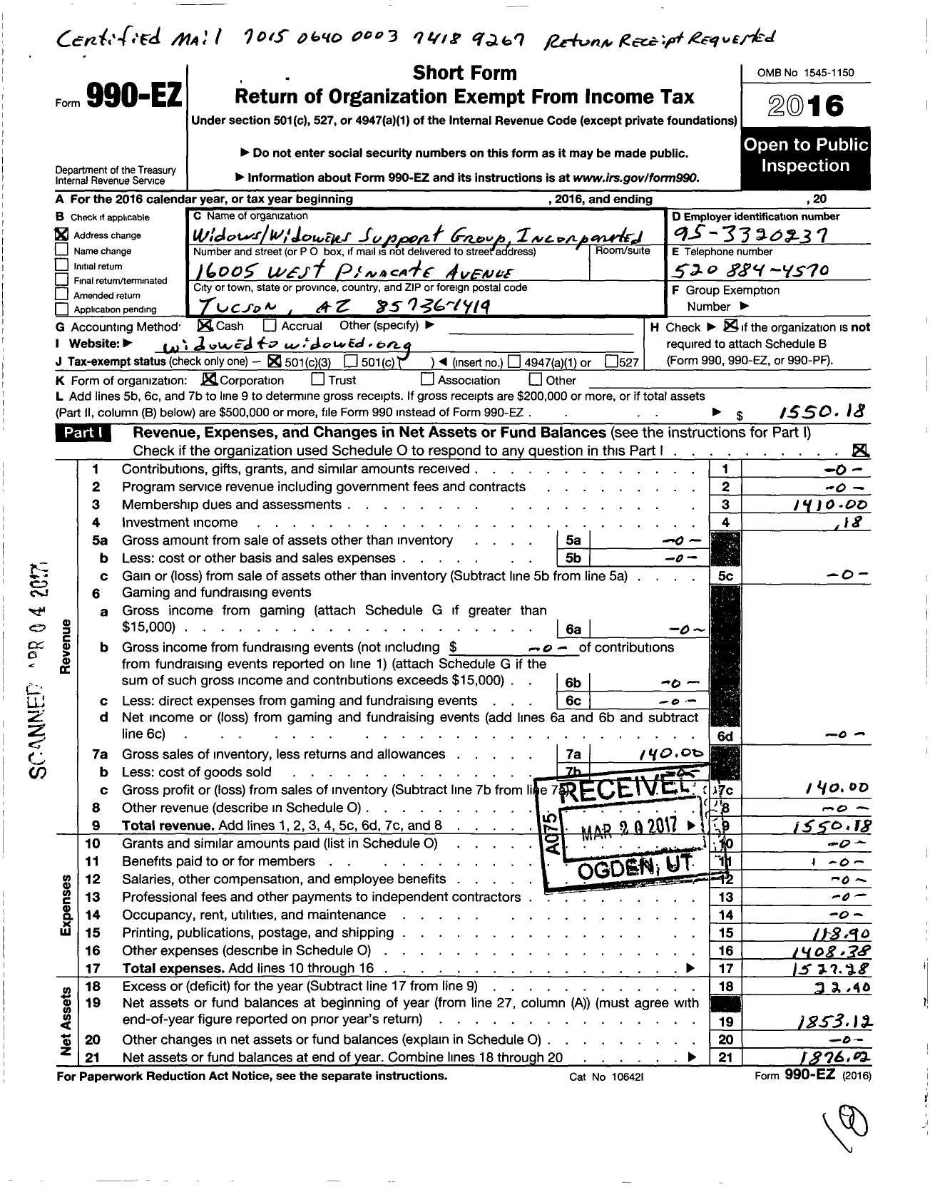 Image of first page of 2016 Form 990EZ for Widows-Widowers Support Group