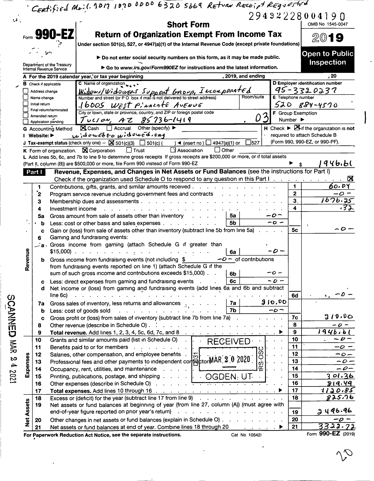 Image of first page of 2019 Form 990EZ for Widows-Widowers Support Group