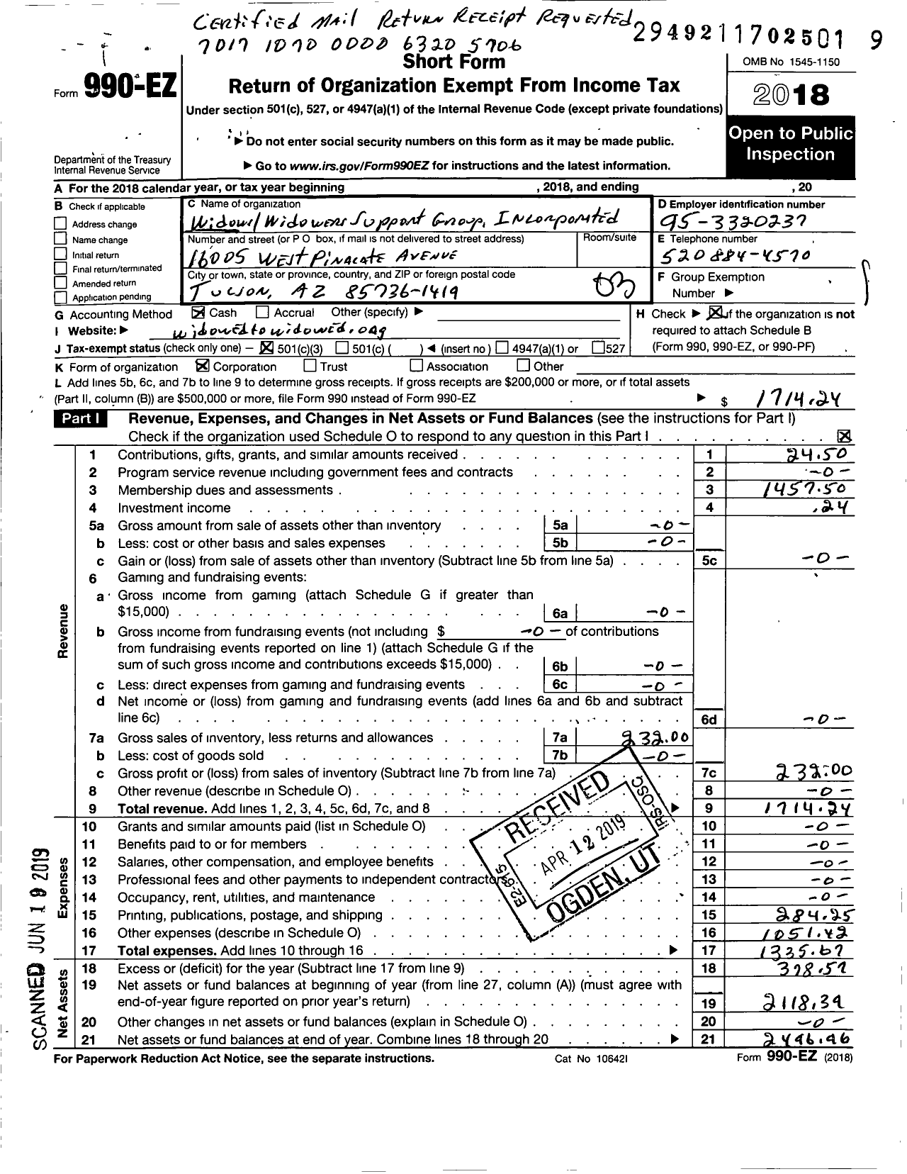 Image of first page of 2018 Form 990EZ for Widows-Widowers Support Group