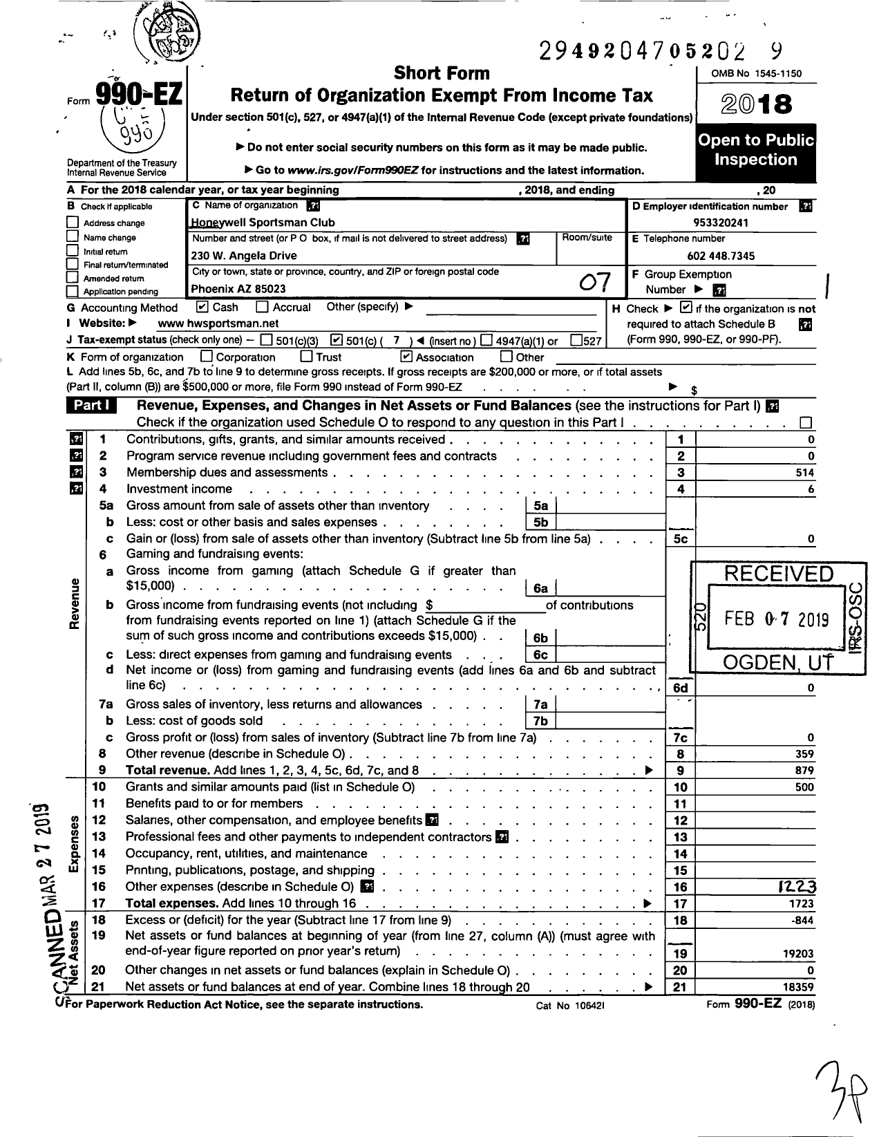 Image of first page of 2018 Form 990EO for HONEYWELL Sportmans CLUB