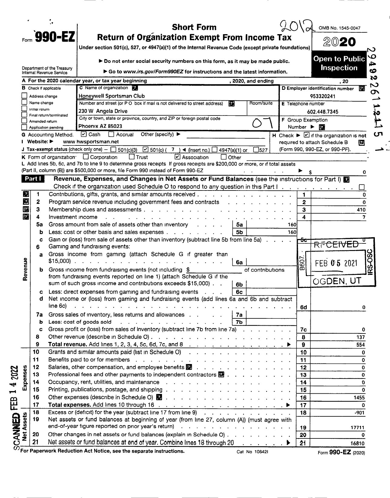 Image of first page of 2020 Form 990EO for HONEYWELL Sportmans CLUB