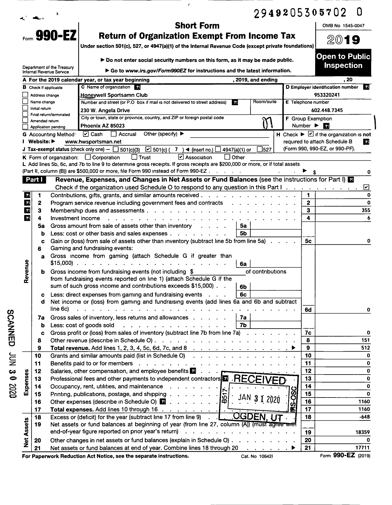 Image of first page of 2019 Form 990EO for HONEYWELL Sportmans CLUB