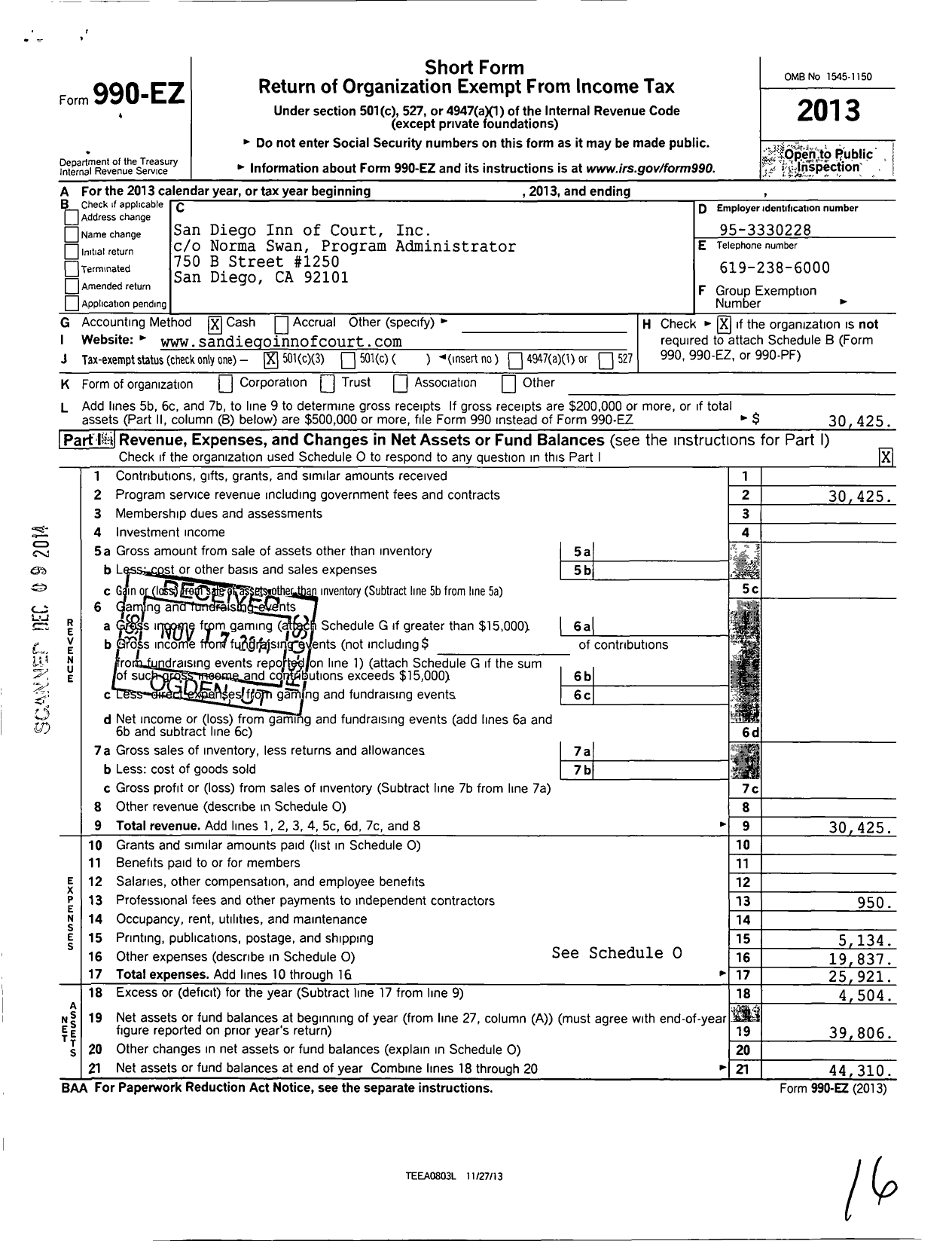 Image of first page of 2013 Form 990EZ for San Diego Inn of Court