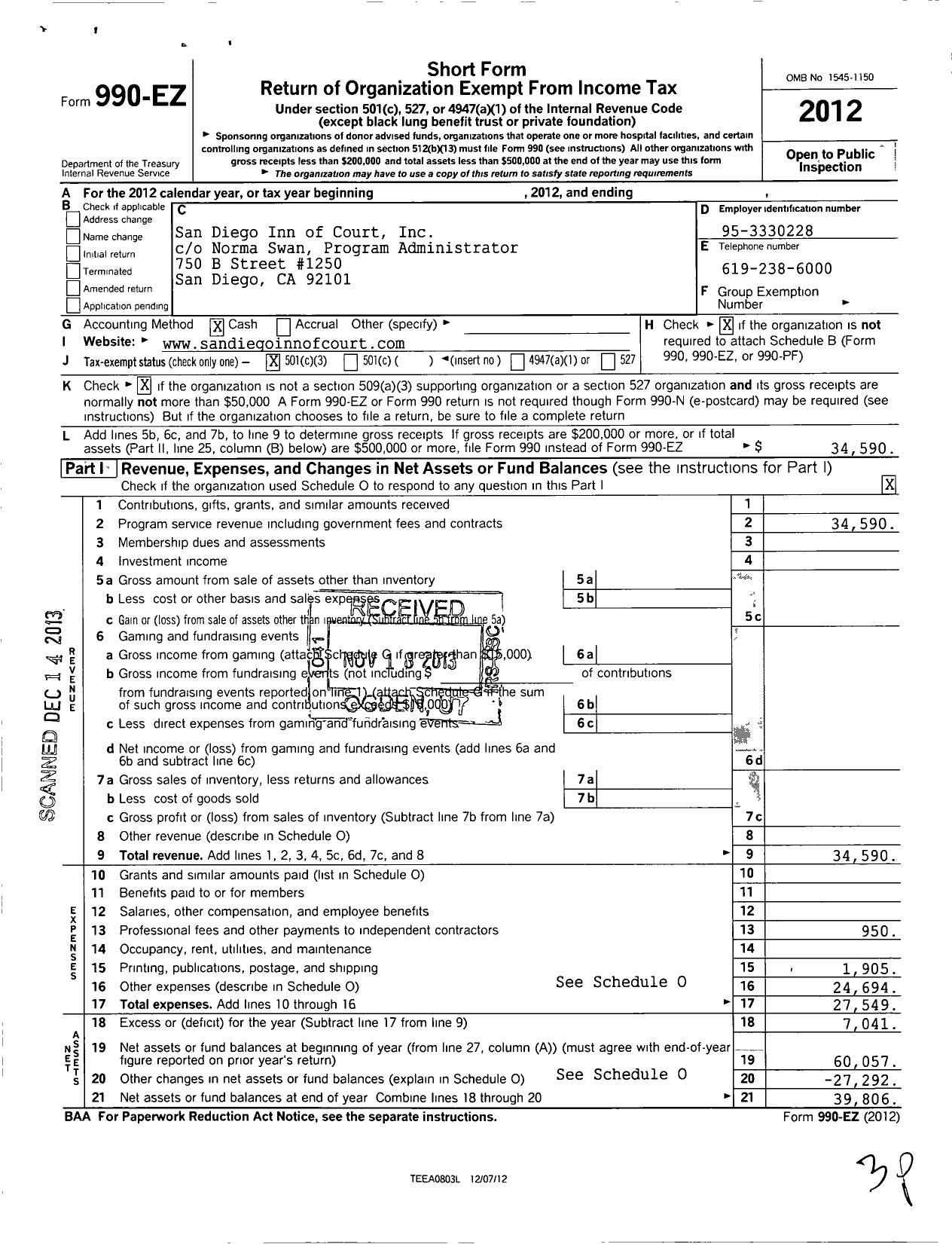 Image of first page of 2012 Form 990EZ for San Diego Inn of Court