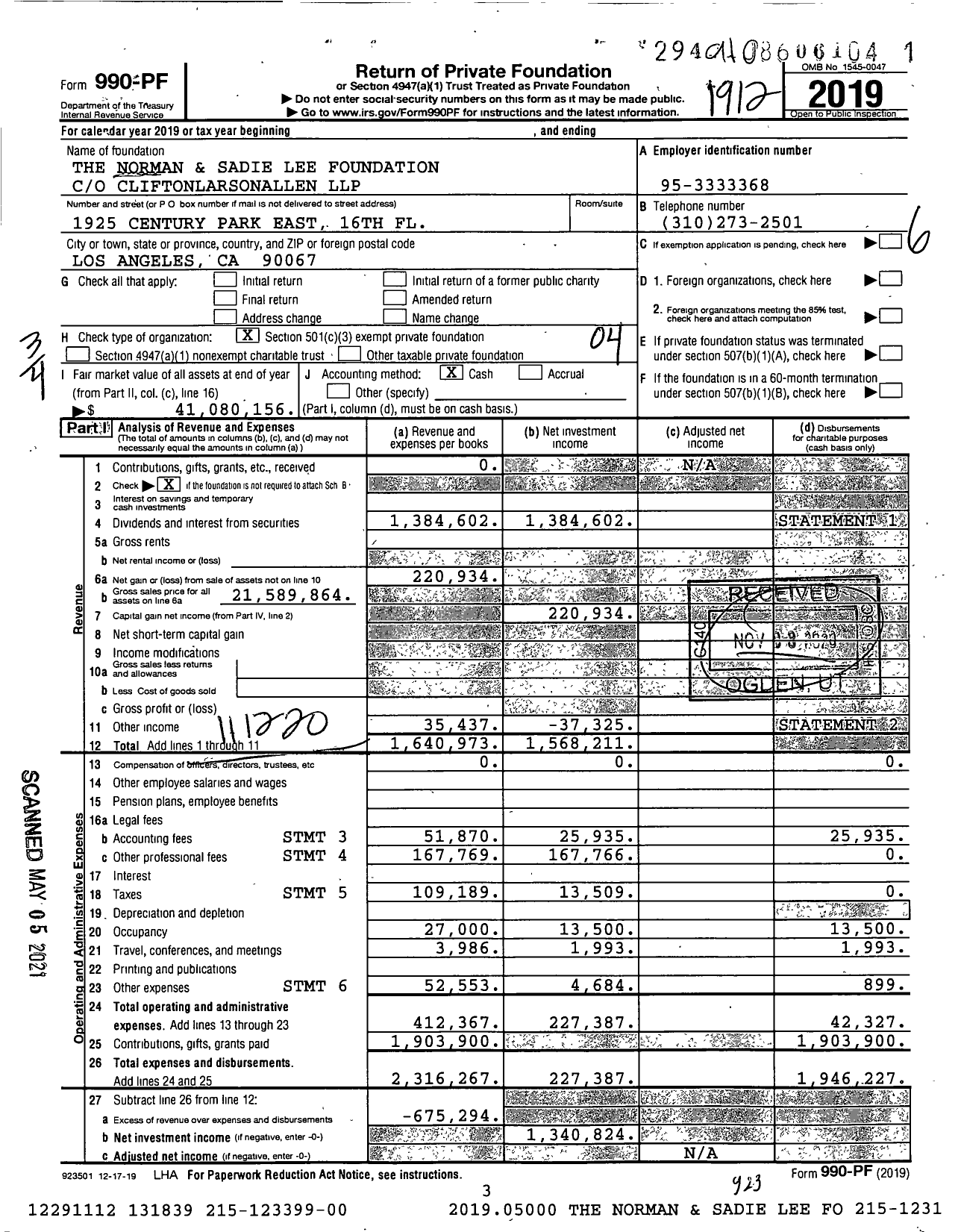Image of first page of 2019 Form 990PF for Norman and Sadie Lee Foundation