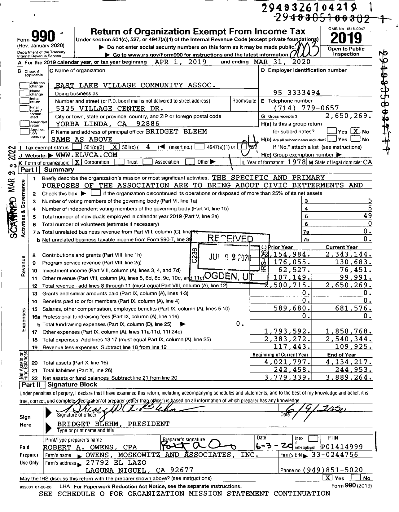 Image of first page of 2019 Form 990O for East Lake Village Community Association (ELVCA)