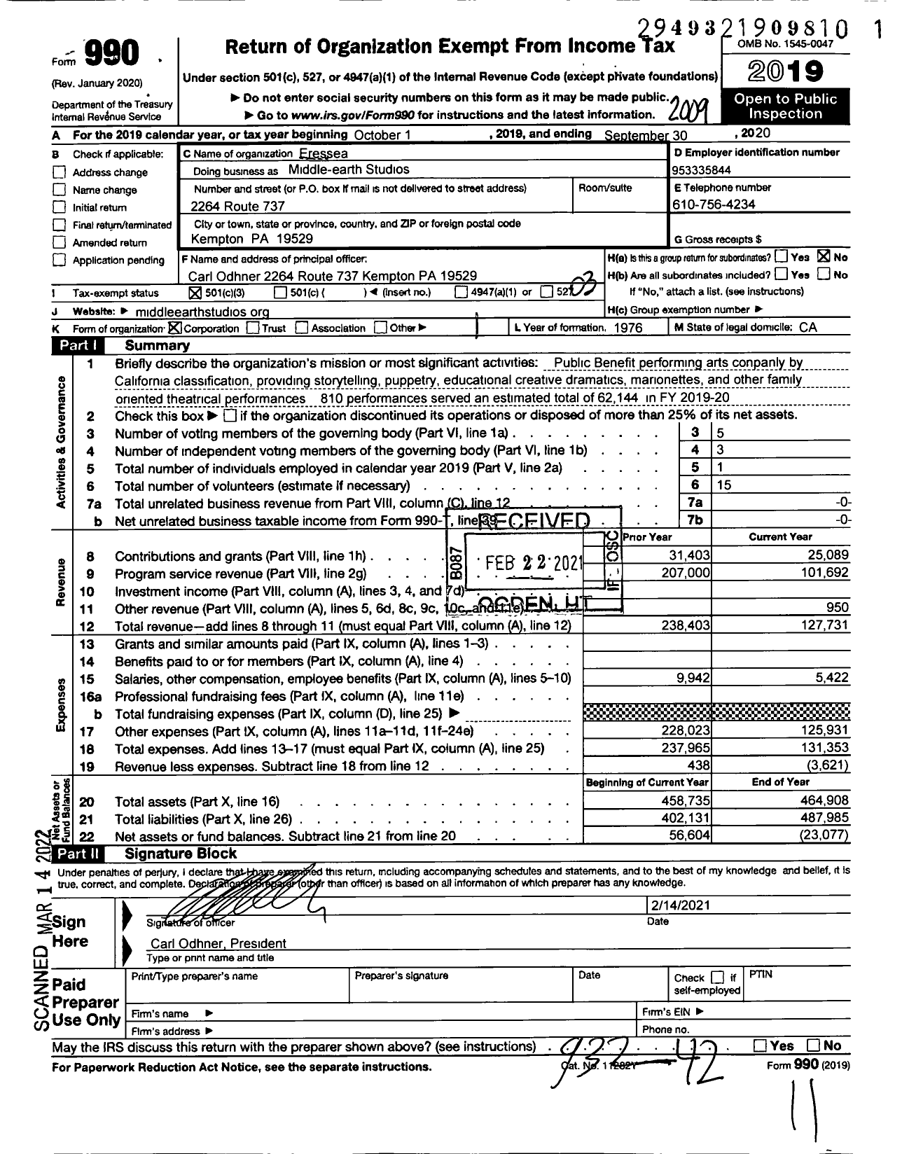 Image of first page of 2019 Form 990 for Eressea