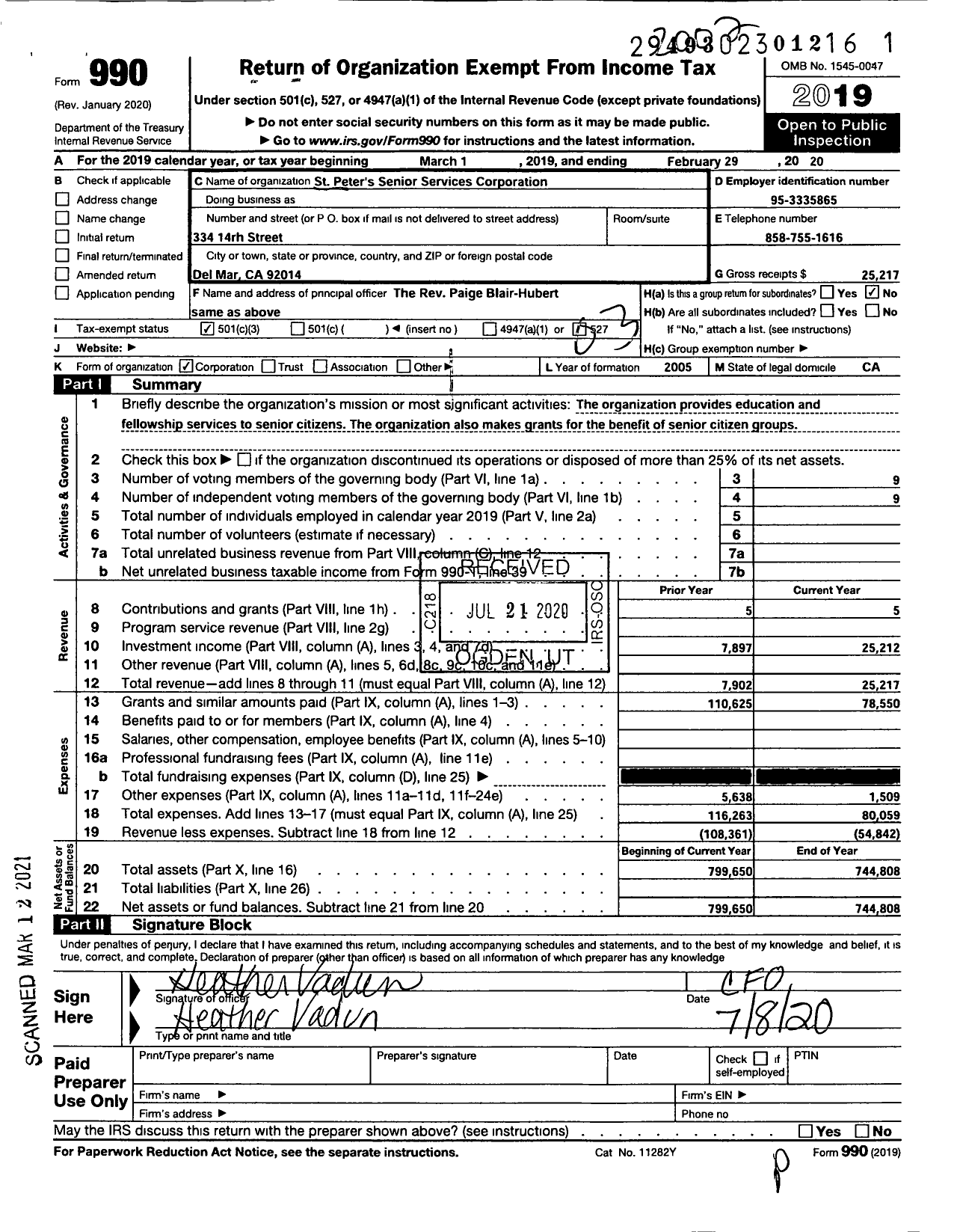 Image of first page of 2019 Form 990 for St Peters Senior Services Corporation