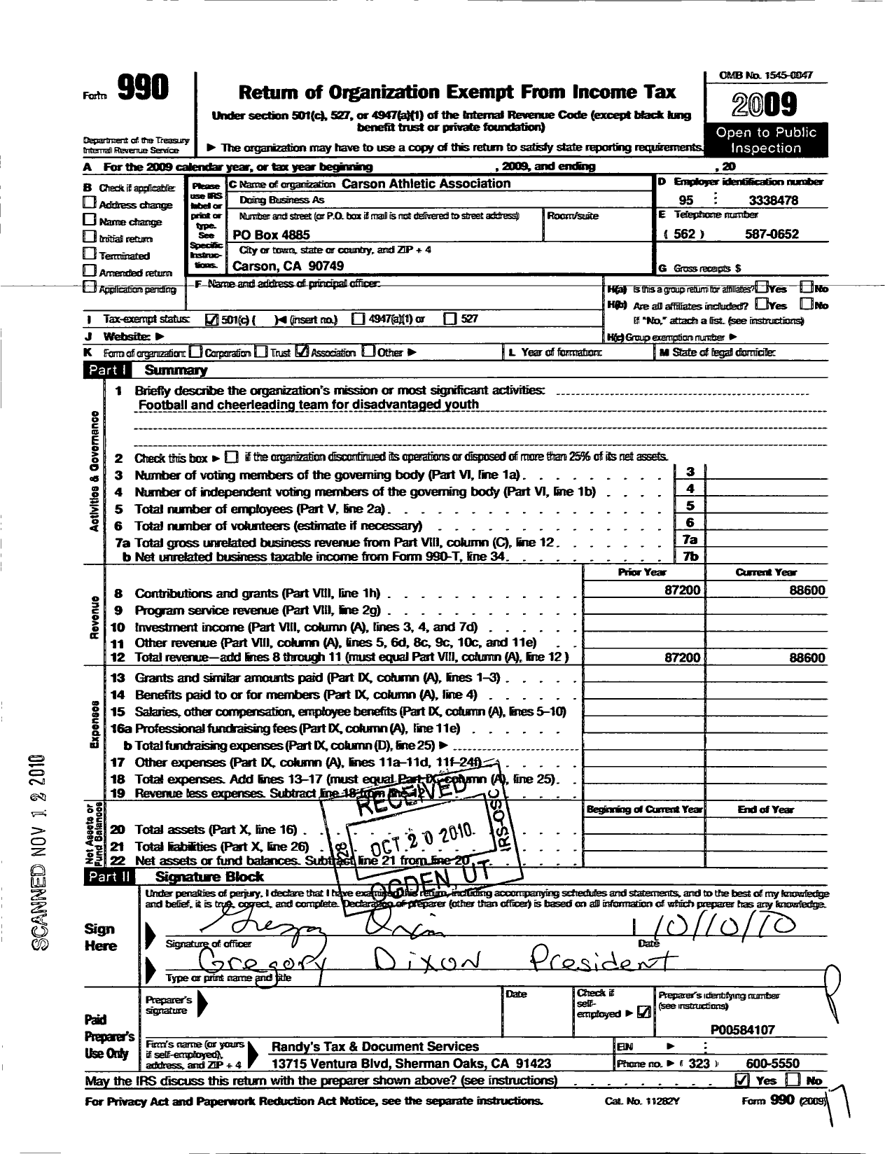 Image of first page of 2009 Form 990O for Carson Athletic Association