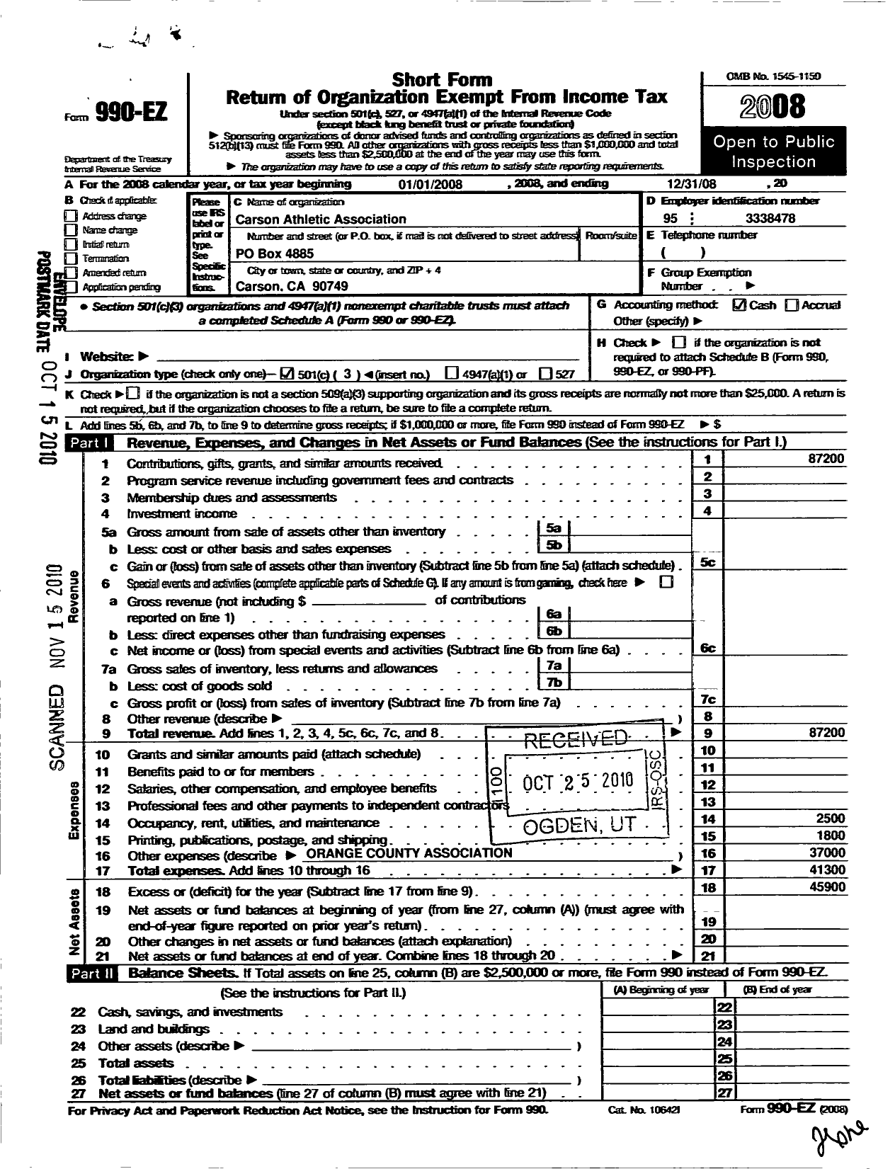 Image of first page of 2008 Form 990EZ for Carson Athletic Association