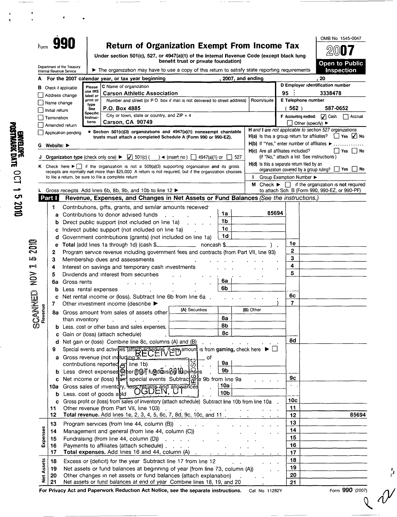 Image of first page of 2007 Form 990O for Carson Athletic Association