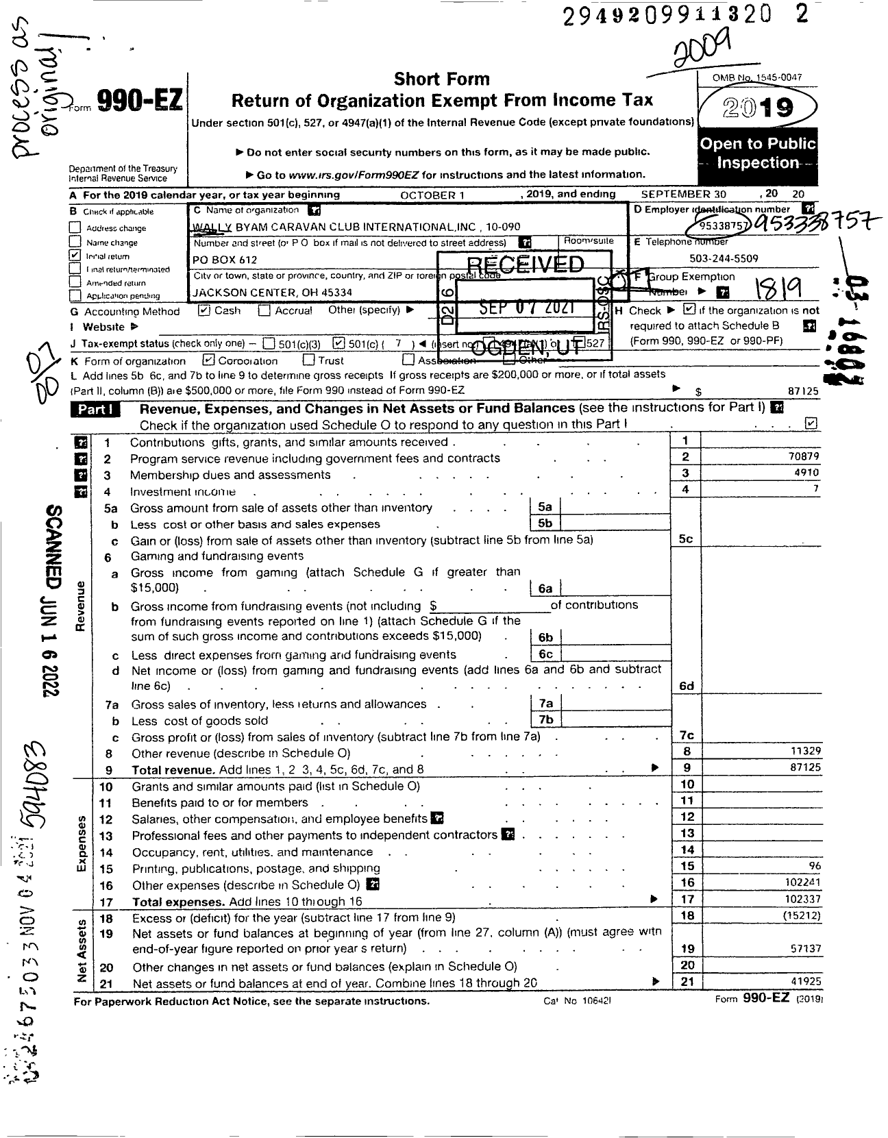 Image of first page of 2019 Form 990EO for Wally Byam Caravan Club International - 090 Oregon Airstream Club