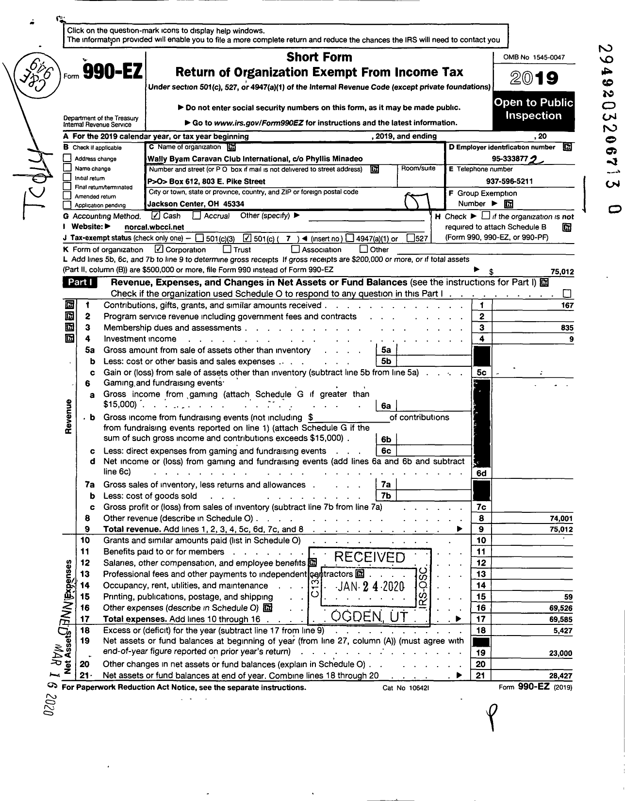 Image of first page of 2019 Form 990EO for WALLY BYAM CARAVAN CLUB INTERNATIONAL - 011 Northern Ca Airstream CLUB