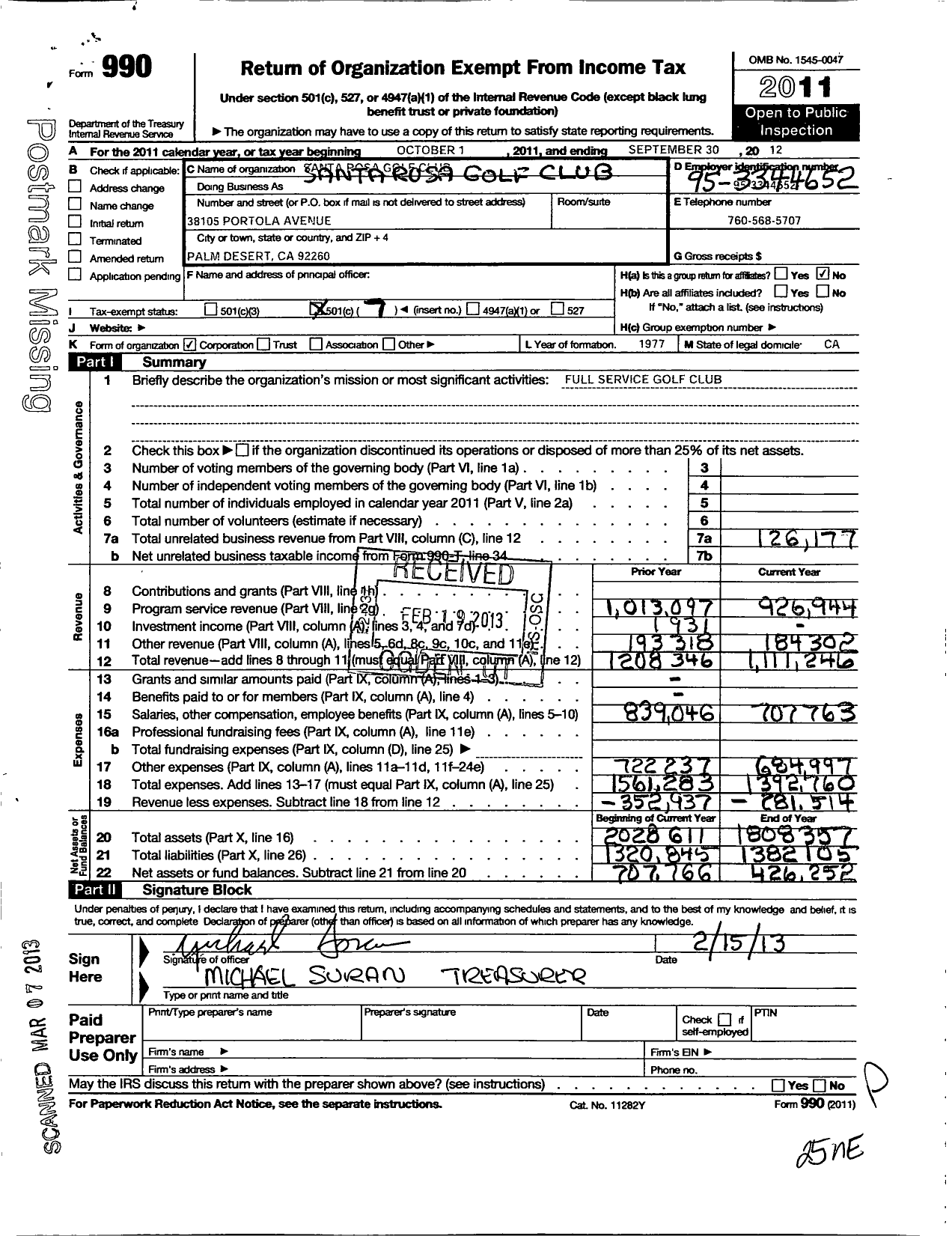 Image of first page of 2011 Form 990O for Santa Rosa Country Club