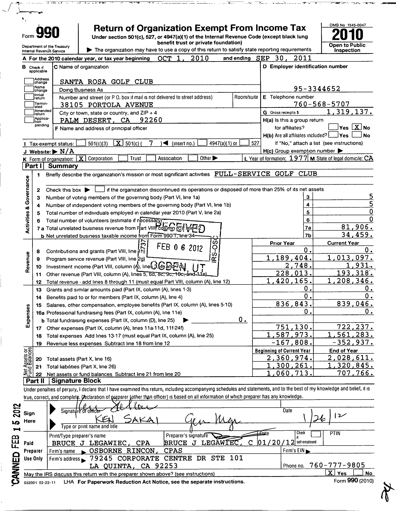 Image of first page of 2010 Form 990O for Santa Rosa Country Club