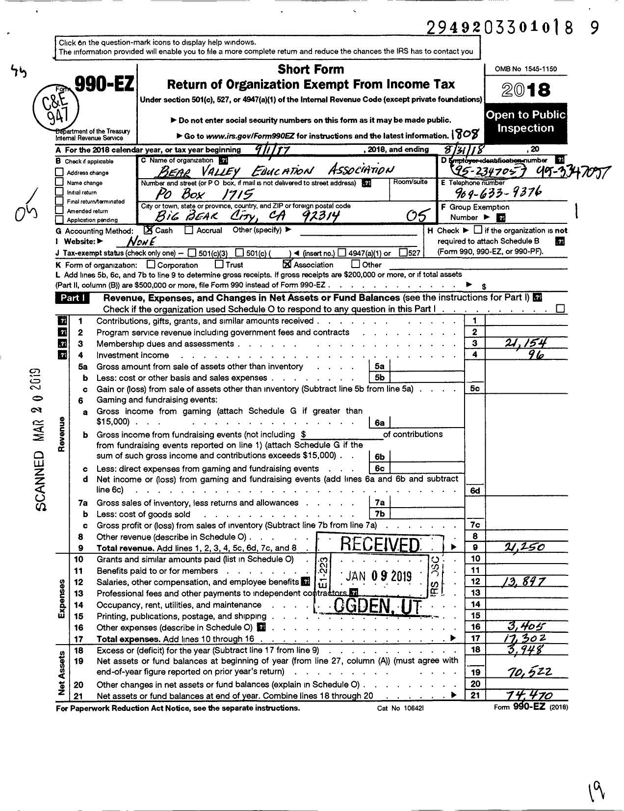 Image of first page of 2017 Form 990EO for CALIFORNIA TEACHERS ASSOCIATION - Bear Valley Education Assoc