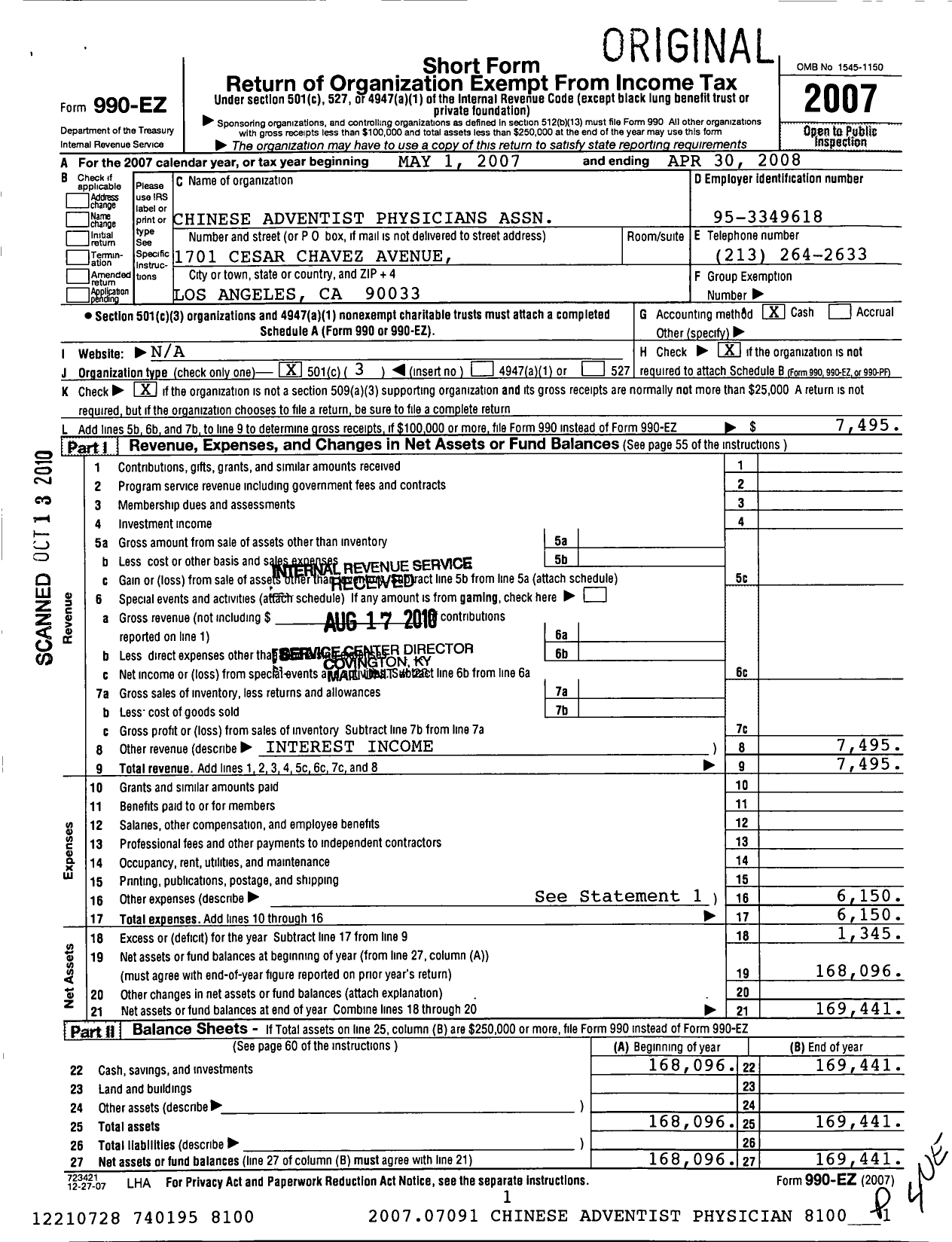 Image of first page of 2007 Form 990EZ for Chinese Adventist Physicians Association