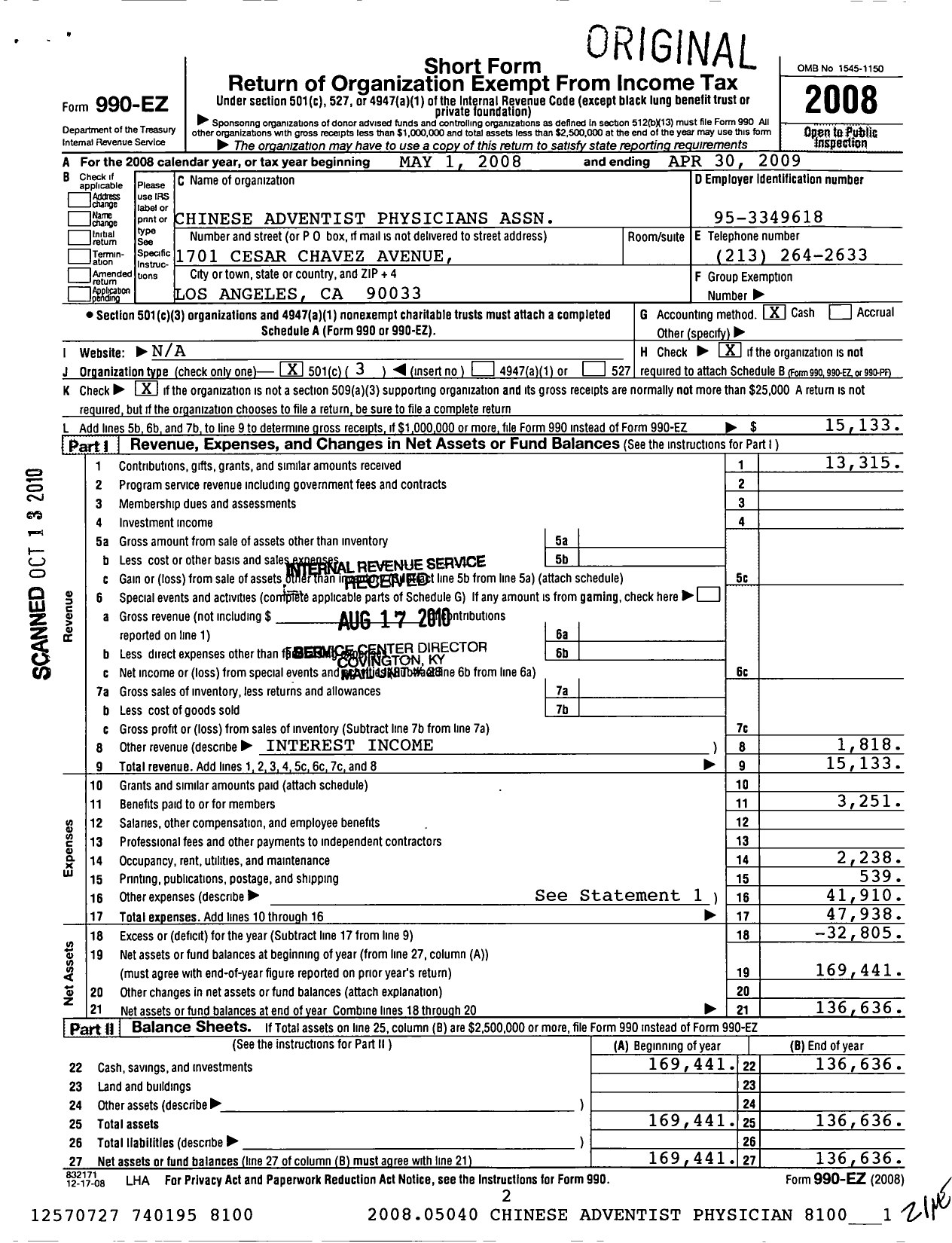 Image of first page of 2008 Form 990EZ for Chinese Adventist Physicians Association