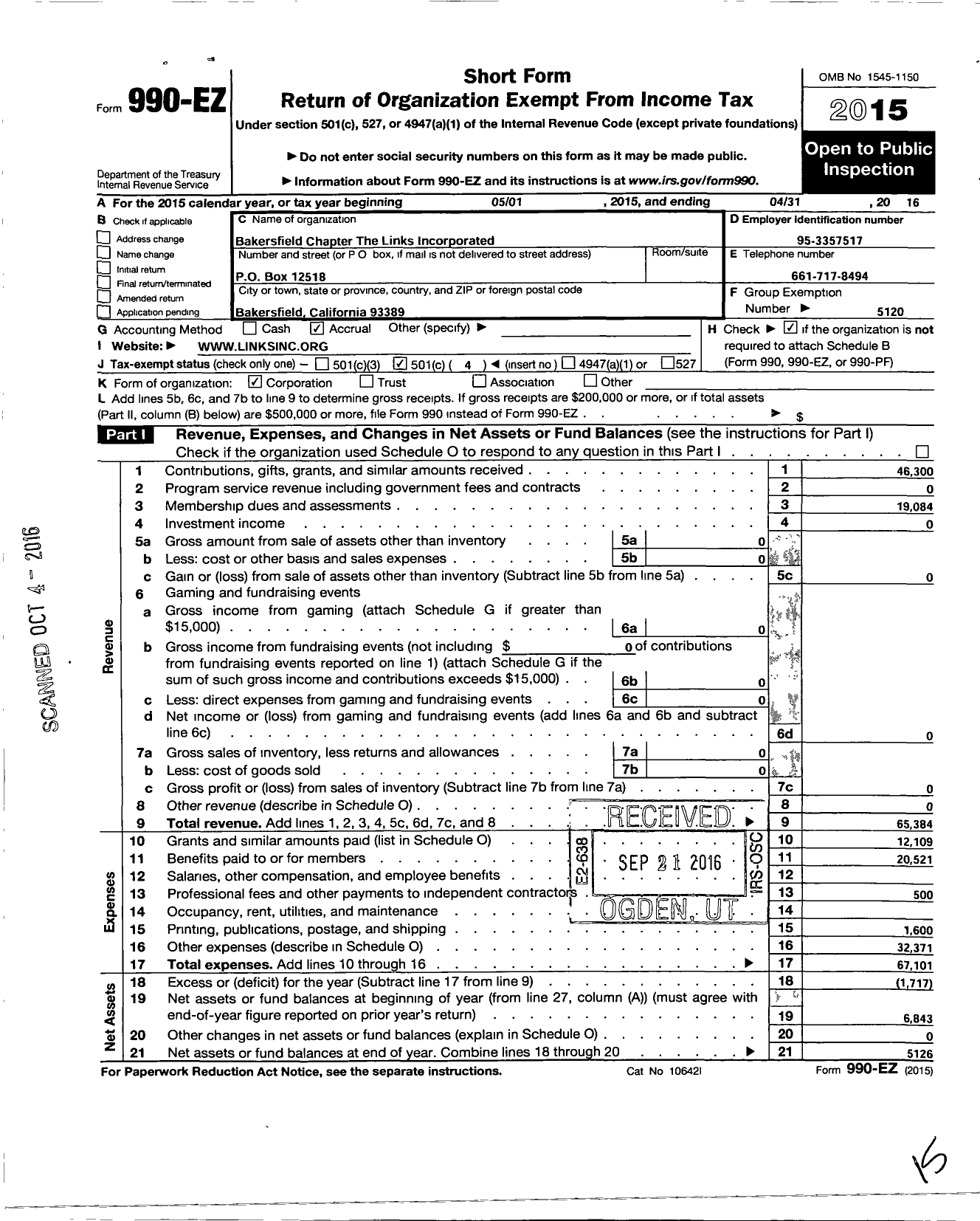 Image of first page of 2015 Form 990EO for Links / Bakersfield Chapter