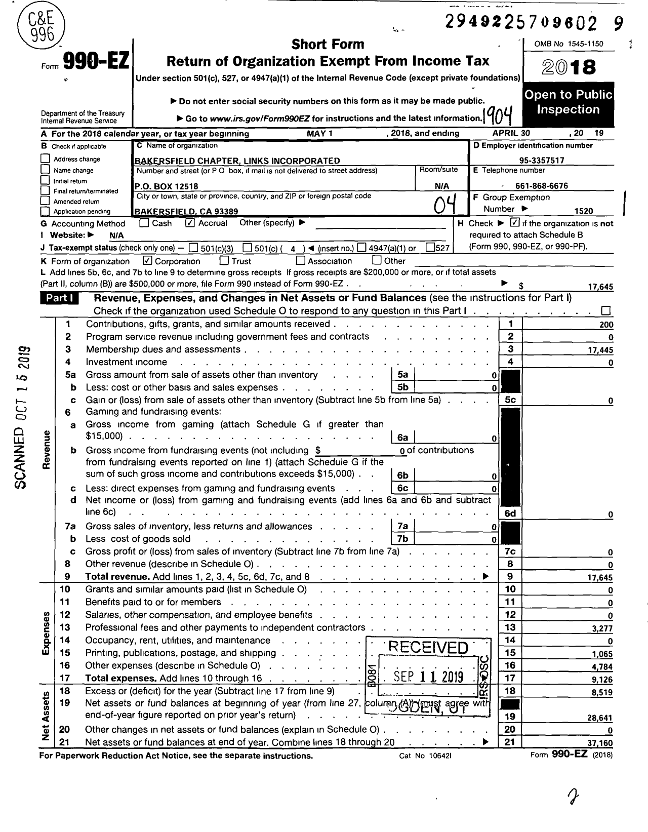 Image of first page of 2018 Form 990EO for Links / Bakersfield Chapter