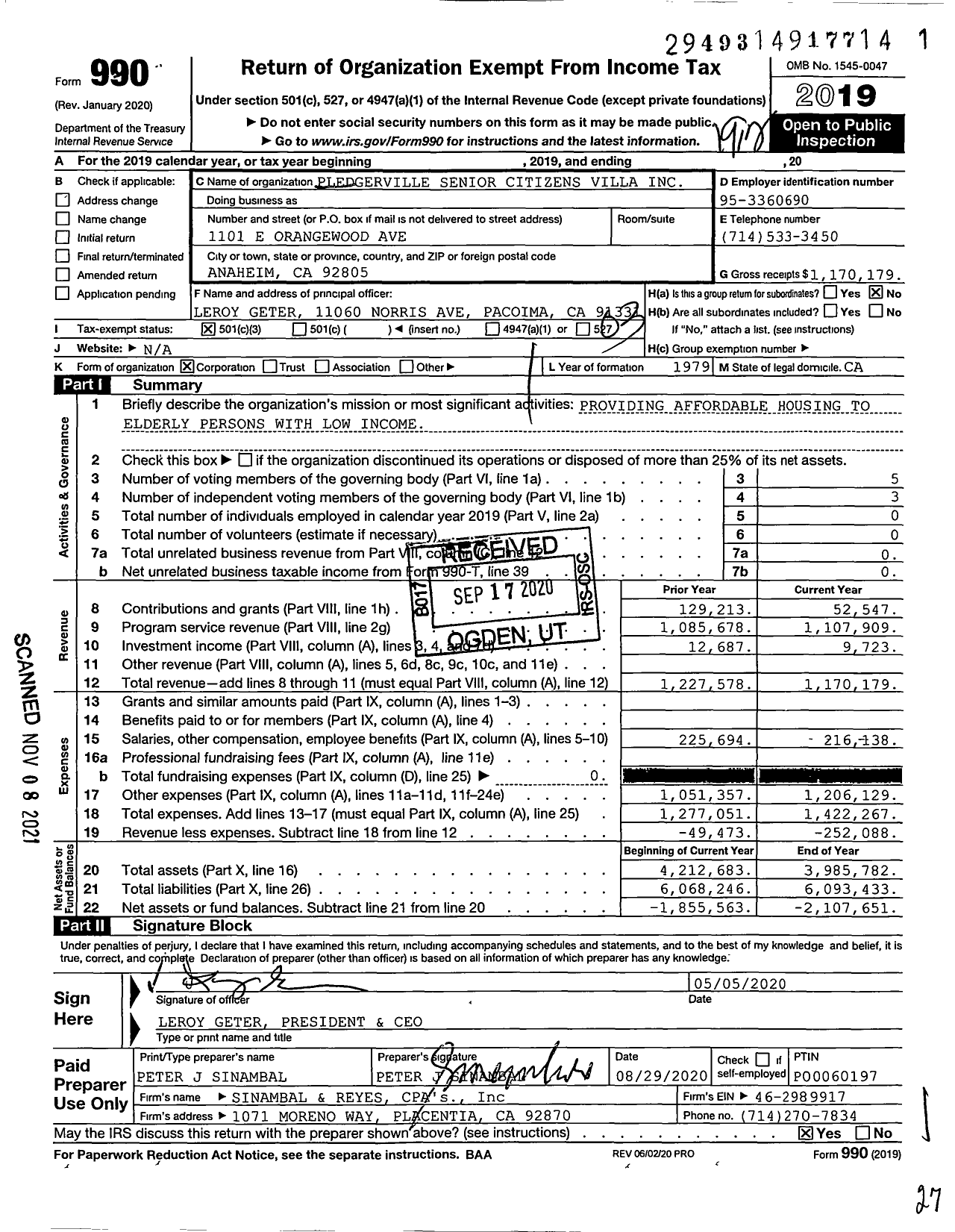 Image of first page of 2019 Form 990 for Pledgerville Senior Citizens Villa