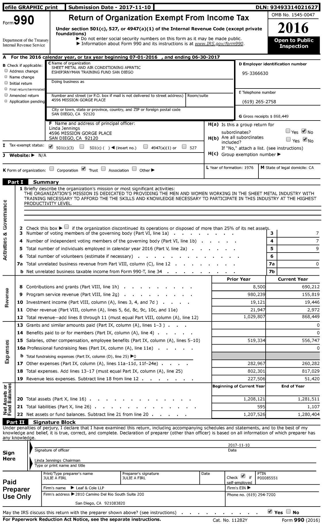 Image of first page of 2016 Form 990 for Sheet Metal and Air Conditioning Aprntic Eshipjrnyman Training Fund San Diego