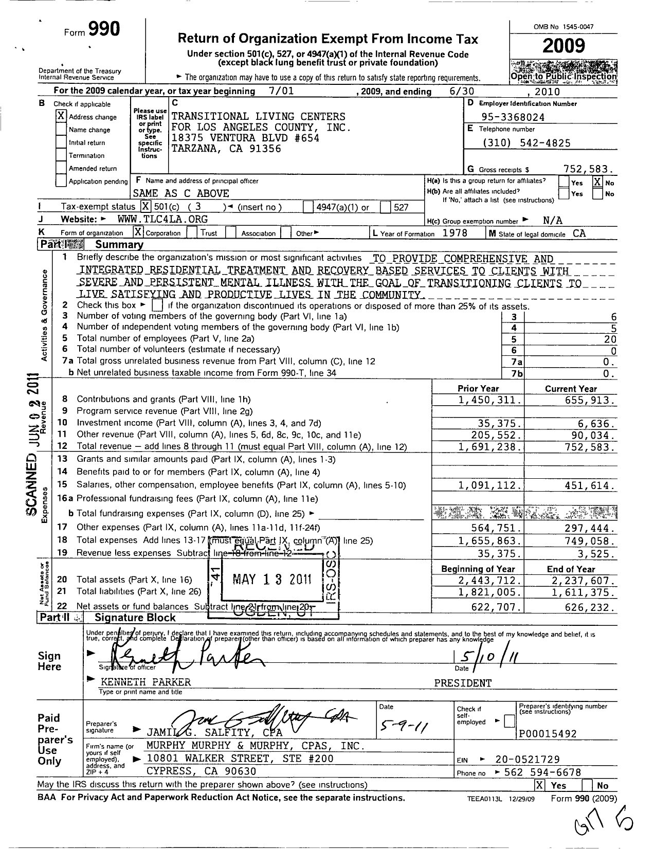 Image of first page of 2009 Form 990 for Transitional Living Centers for Los Angeles County