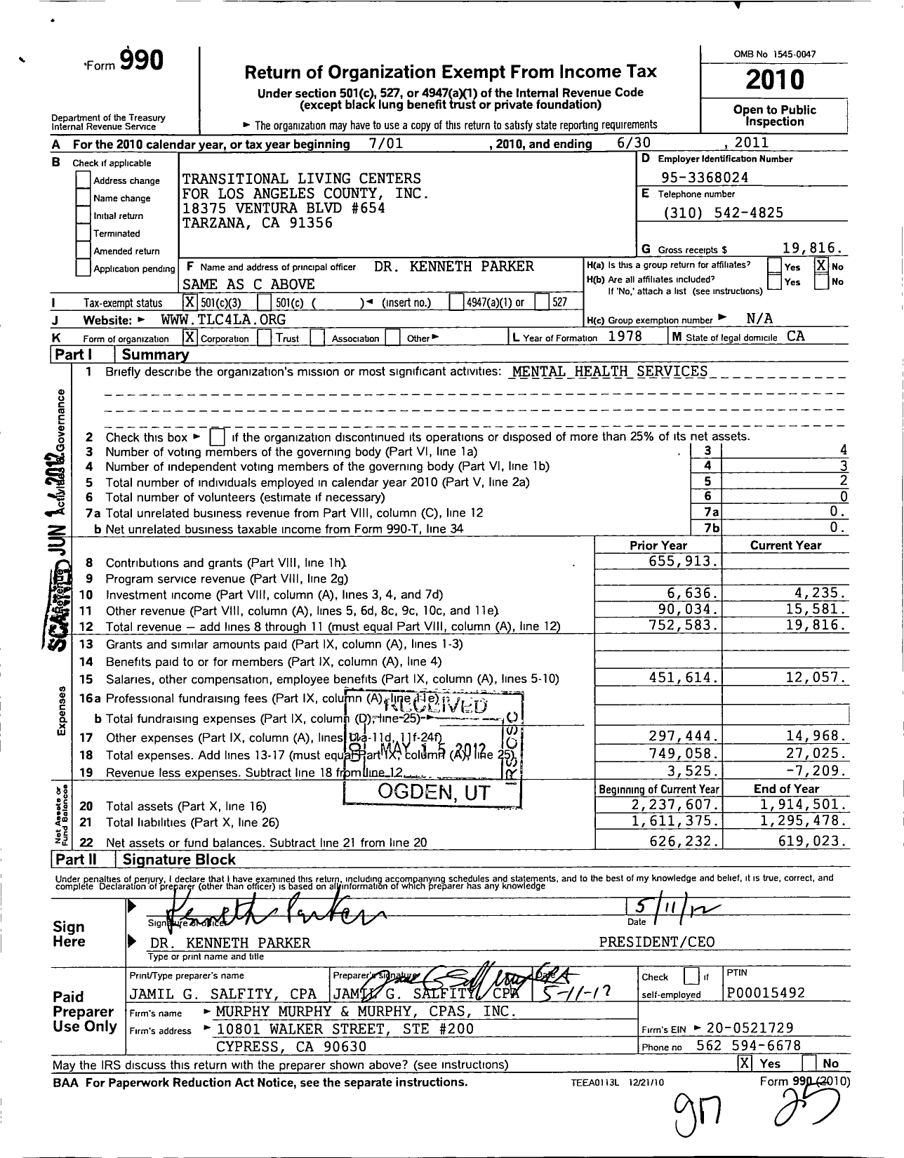 Image of first page of 2010 Form 990 for Transitional Living Centers for Los Angeles County