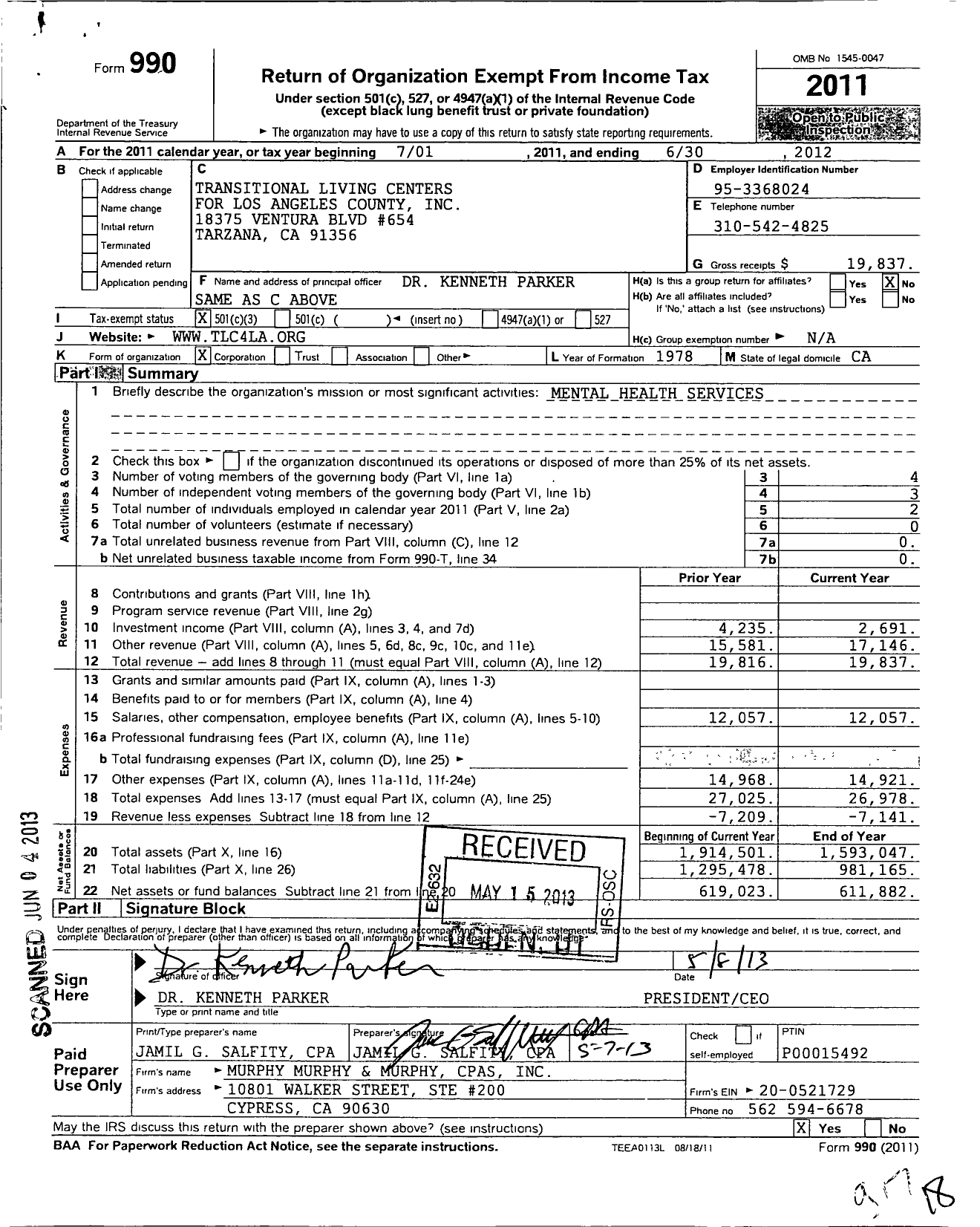 Image of first page of 2011 Form 990 for Transitional Living Centers for Los Angeles County