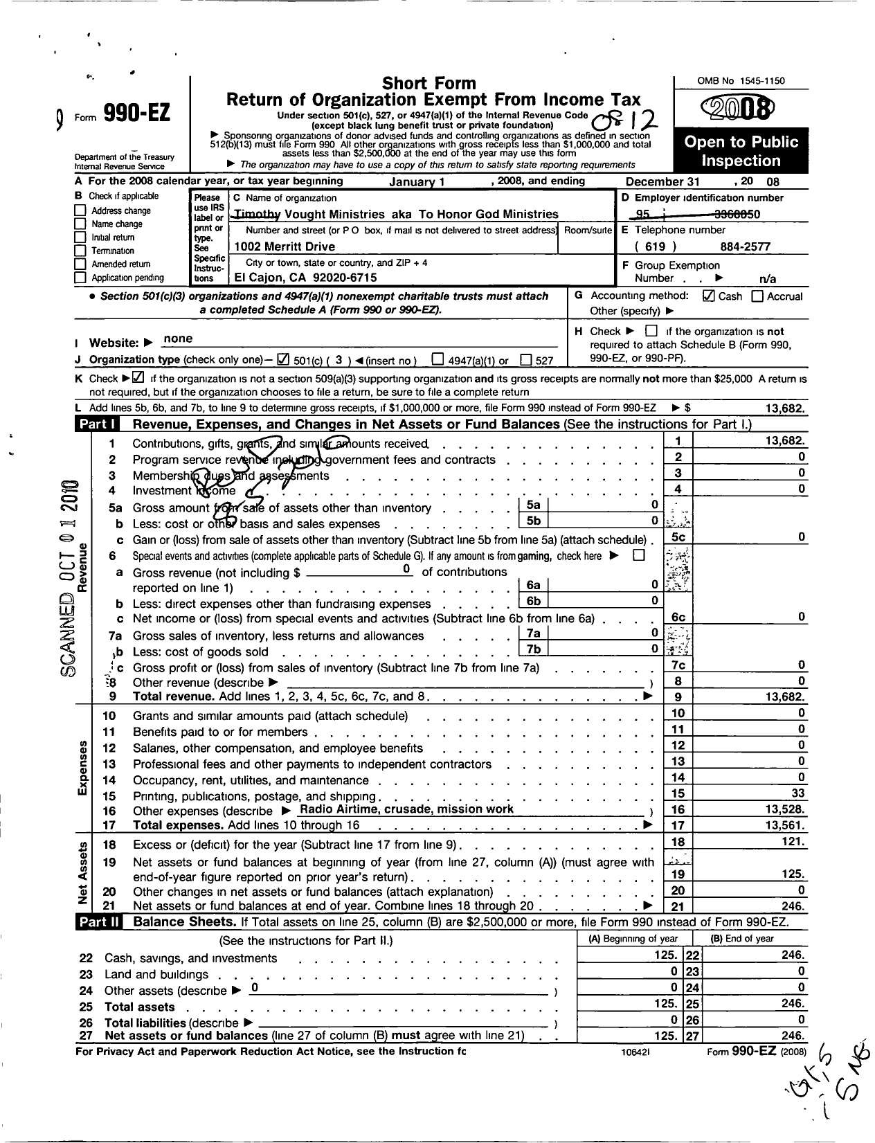 Image of first page of 2008 Form 990EZ for Timothy Vought Ministries