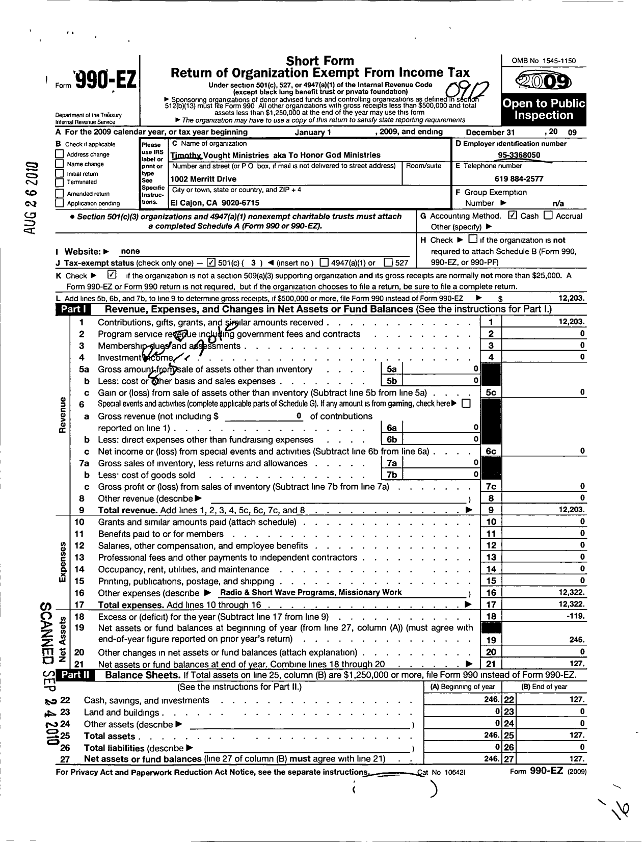 Image of first page of 2009 Form 990EZ for Timothy Vought Ministries