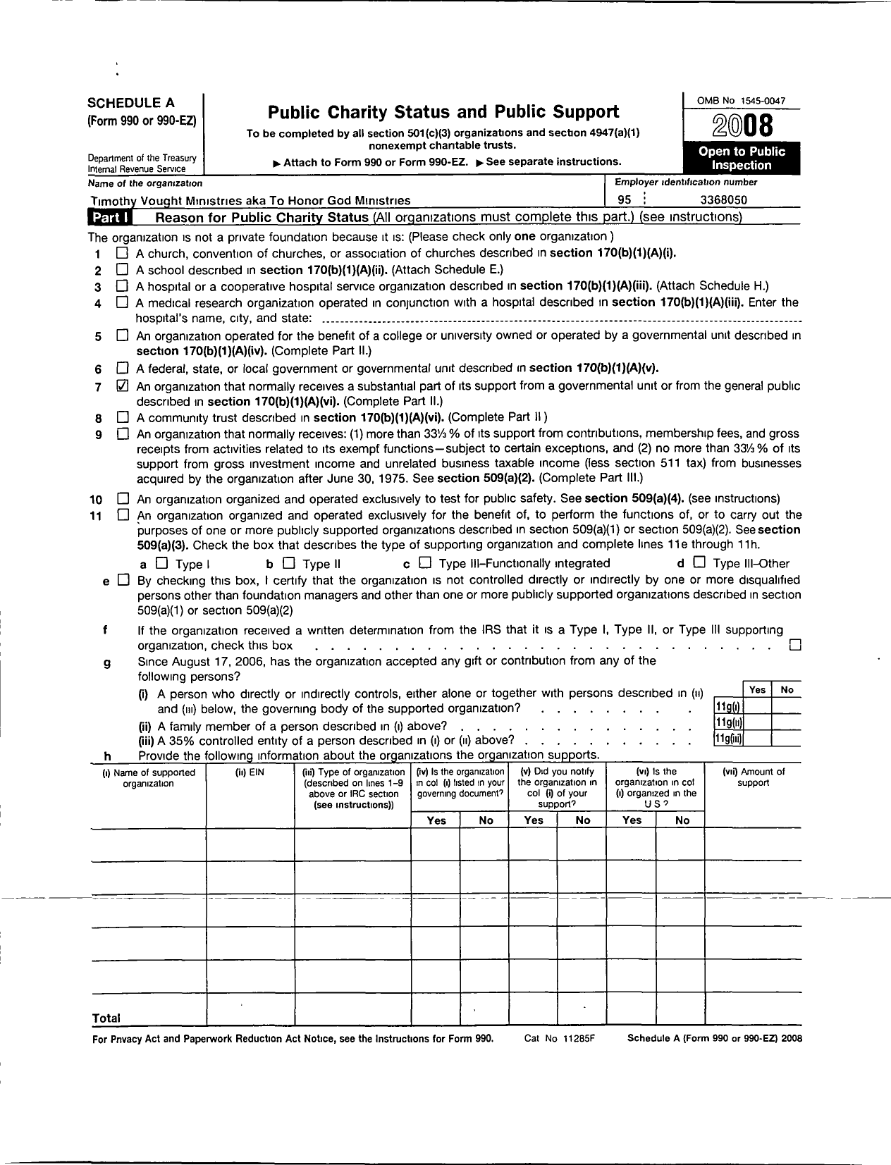 Image of first page of 2008 Form 990ER for Timothy Vought Ministries