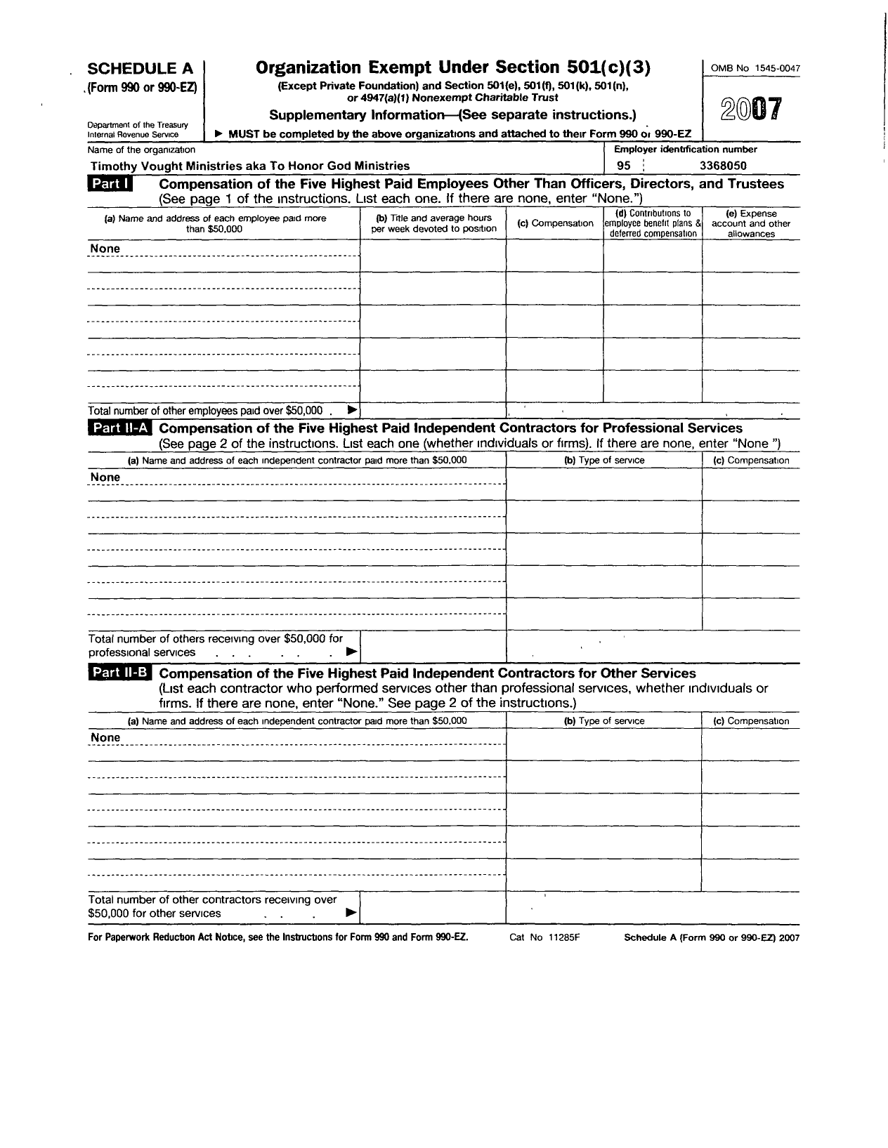 Image of first page of 2007 Form 990ER for Timothy Vought Ministries