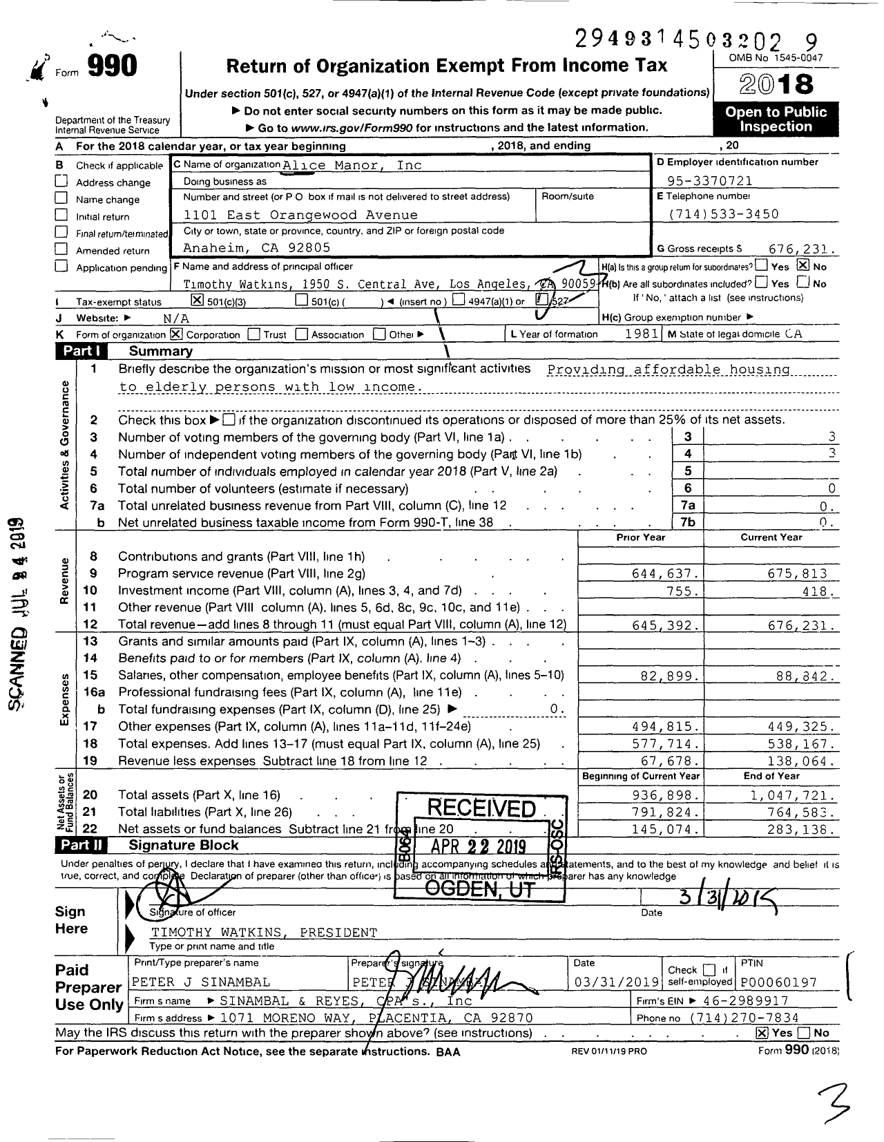 Image of first page of 2018 Form 990 for Alice Manor